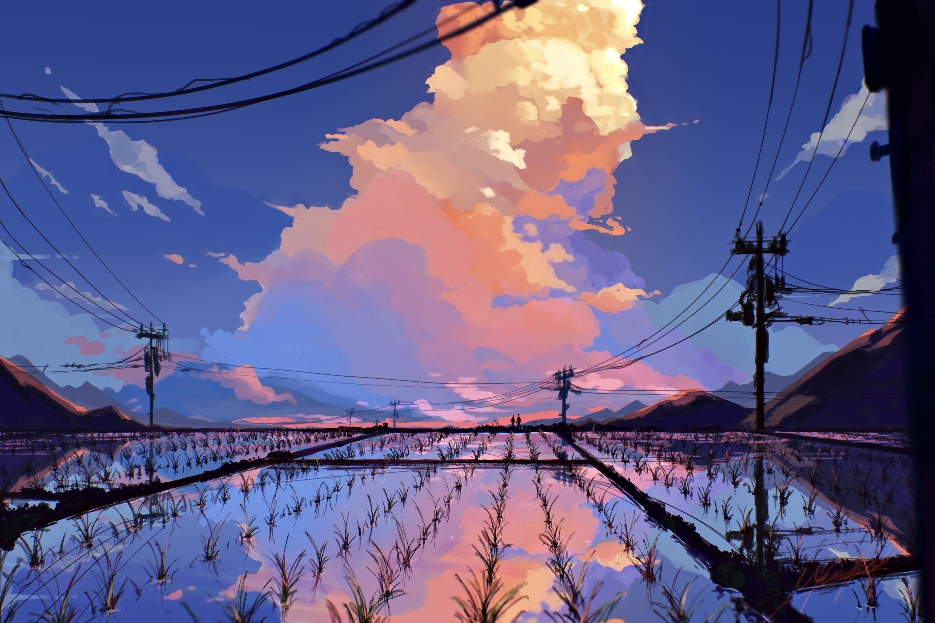 Digital art of rice fields at sunset with dramatic clouds HD Wallpaper