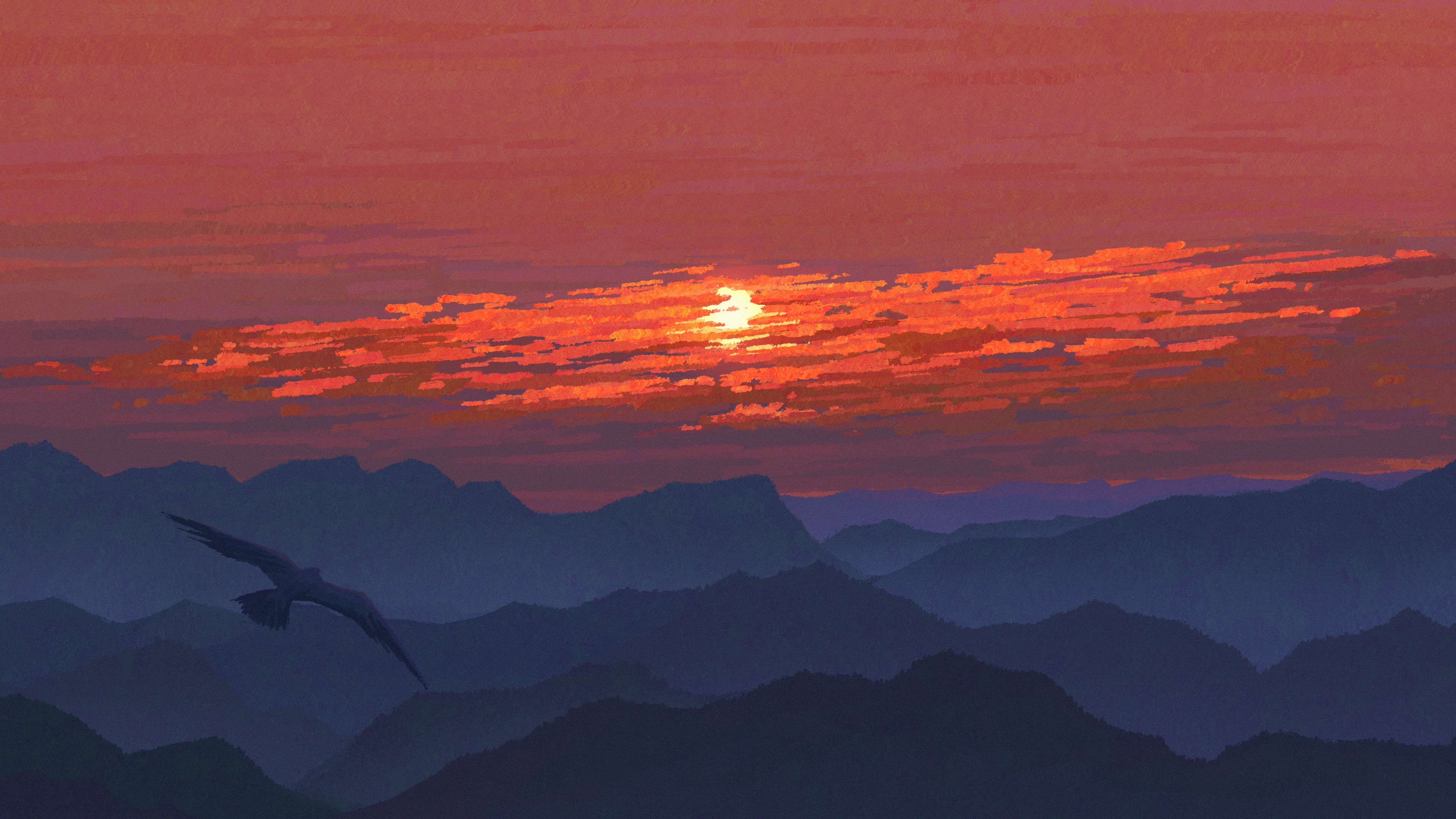 Scenery of a bird flying over mountains at sunset HD Wallpaper