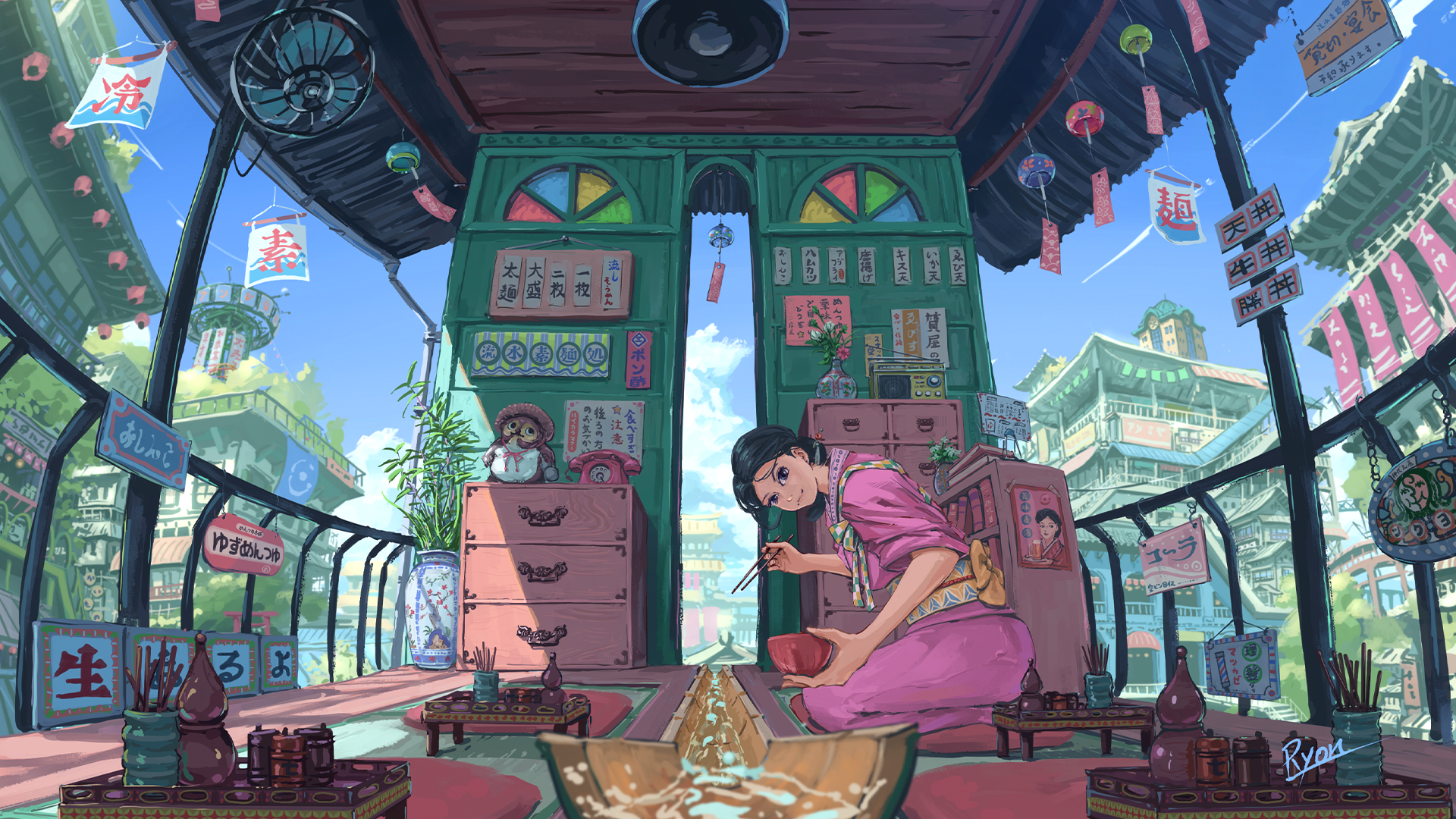 Anime girl painting in a shop with Asian architecture HD Wallpaper