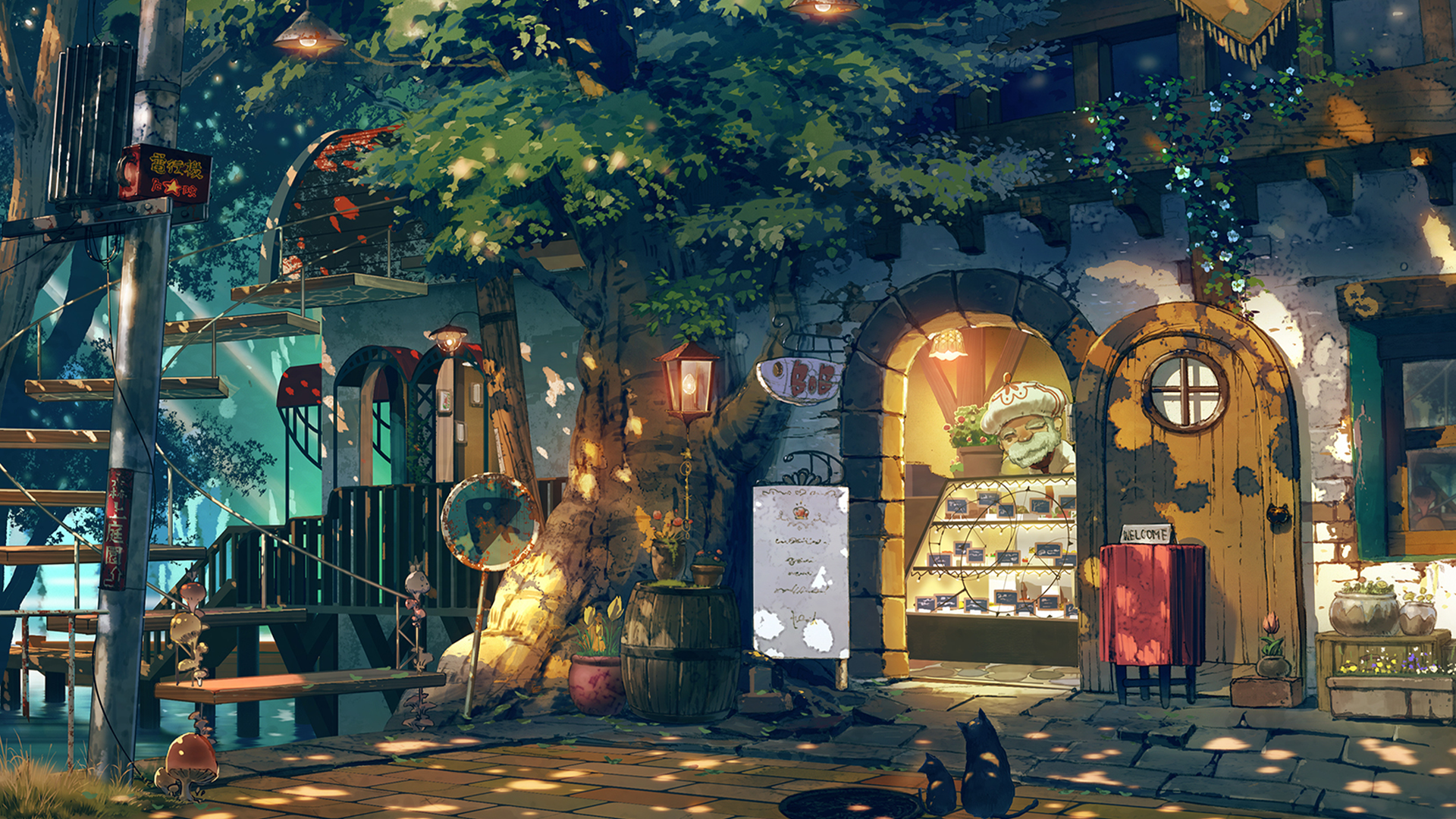 Anime boys in a quaint street with stores and trees HD Wallpaper