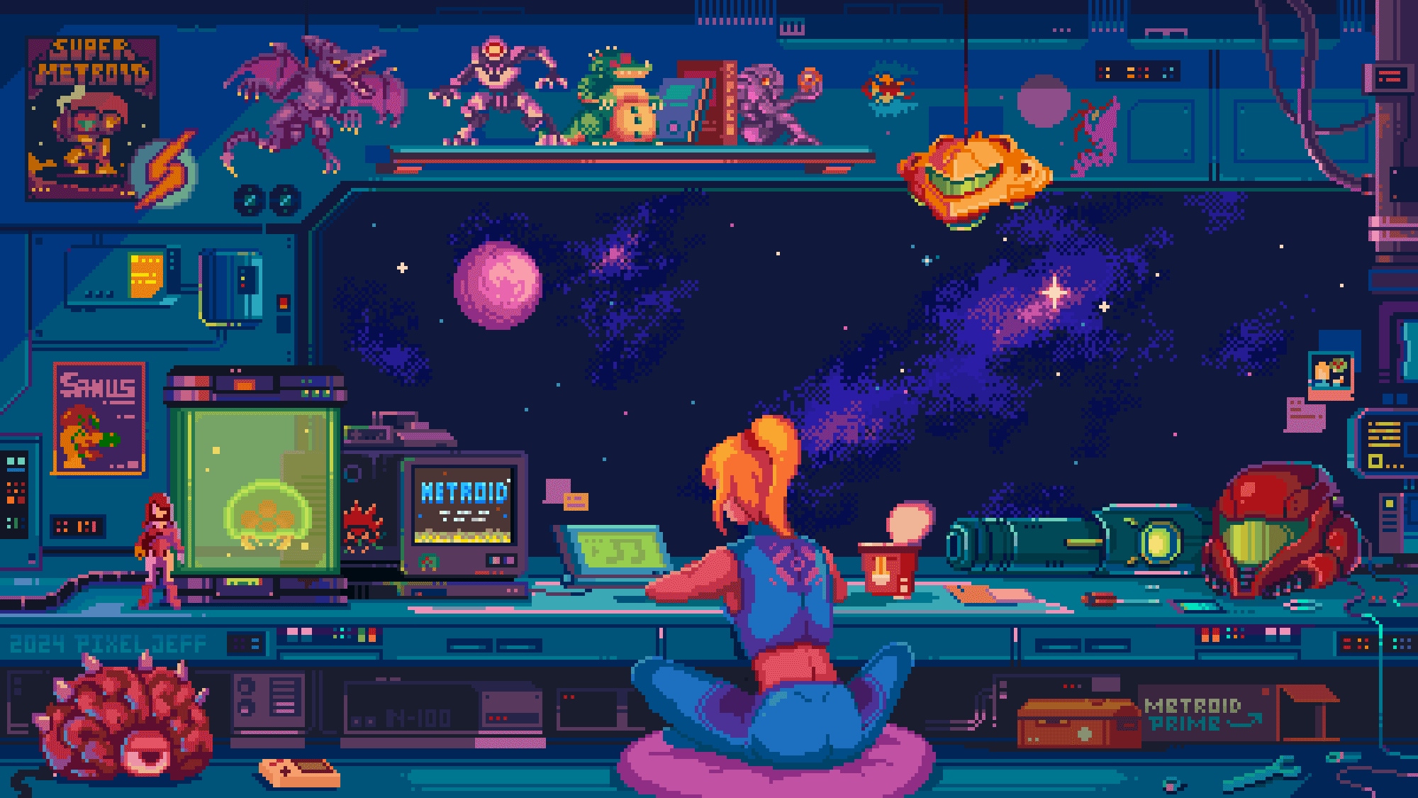 Samus Aran at a desk with Metroid memorabilia HD Wallpaper