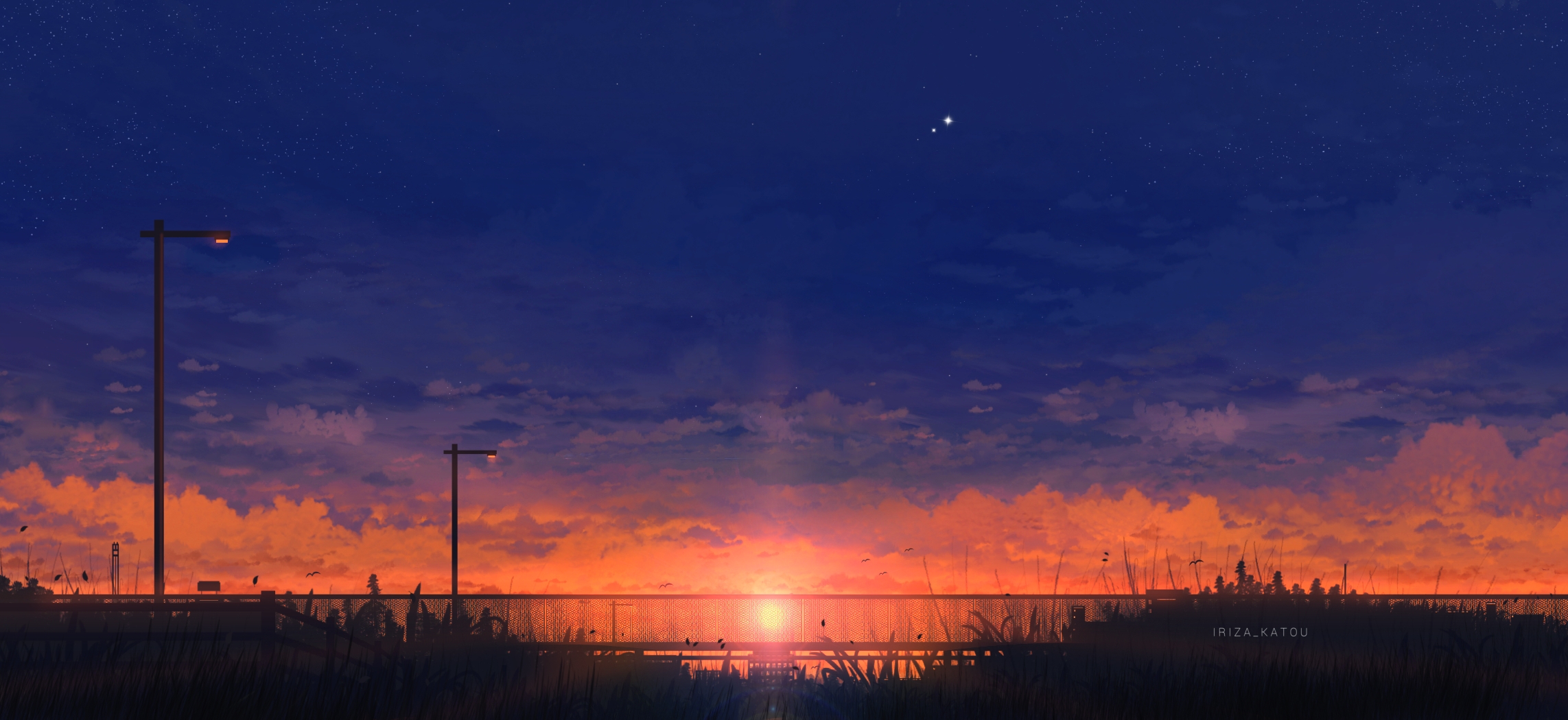 Scenery: Sunset over water with clouds and stars HD Wallpaper
