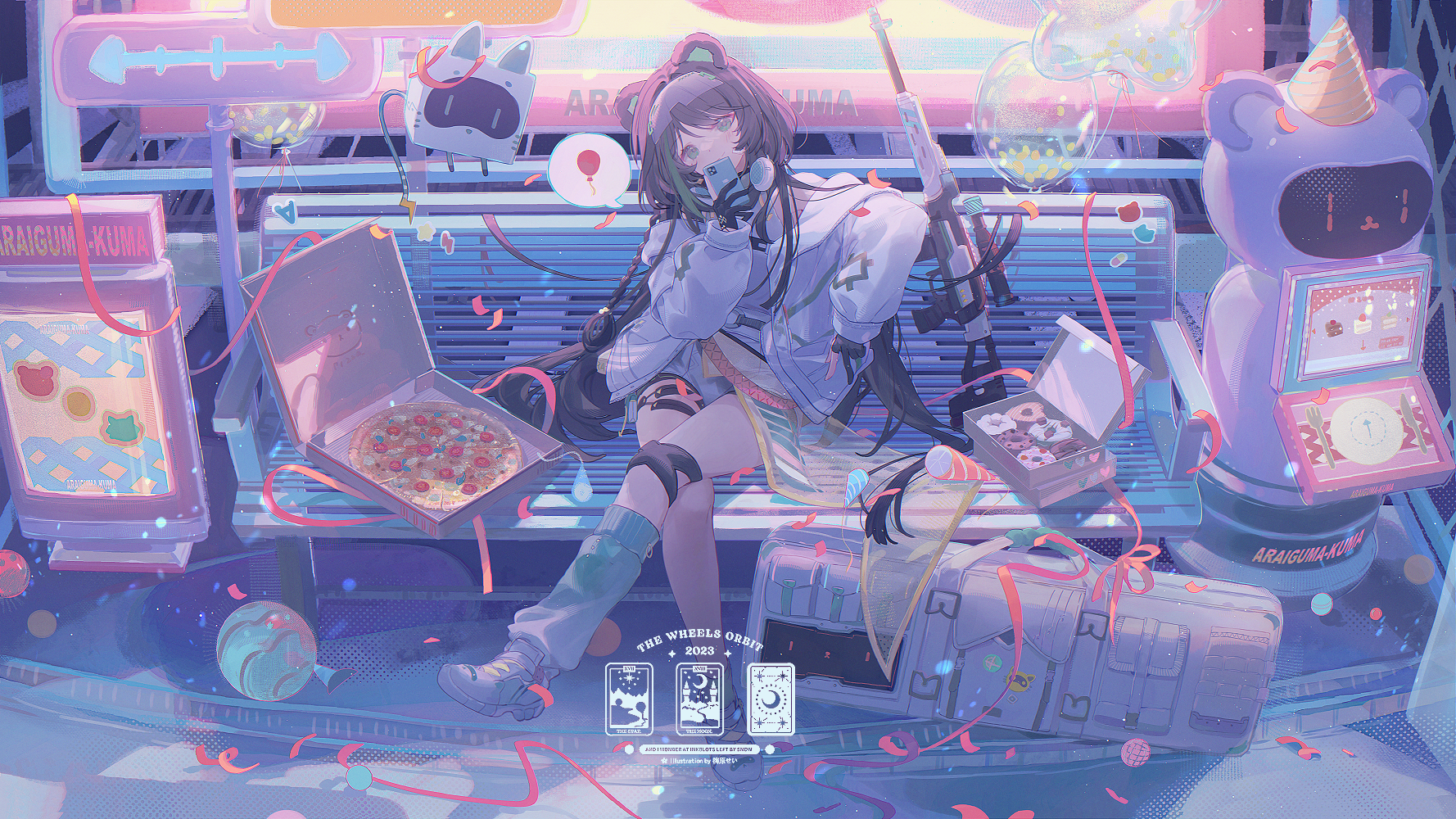Anime girl with pizza and gun on a bench HD Wallpaper