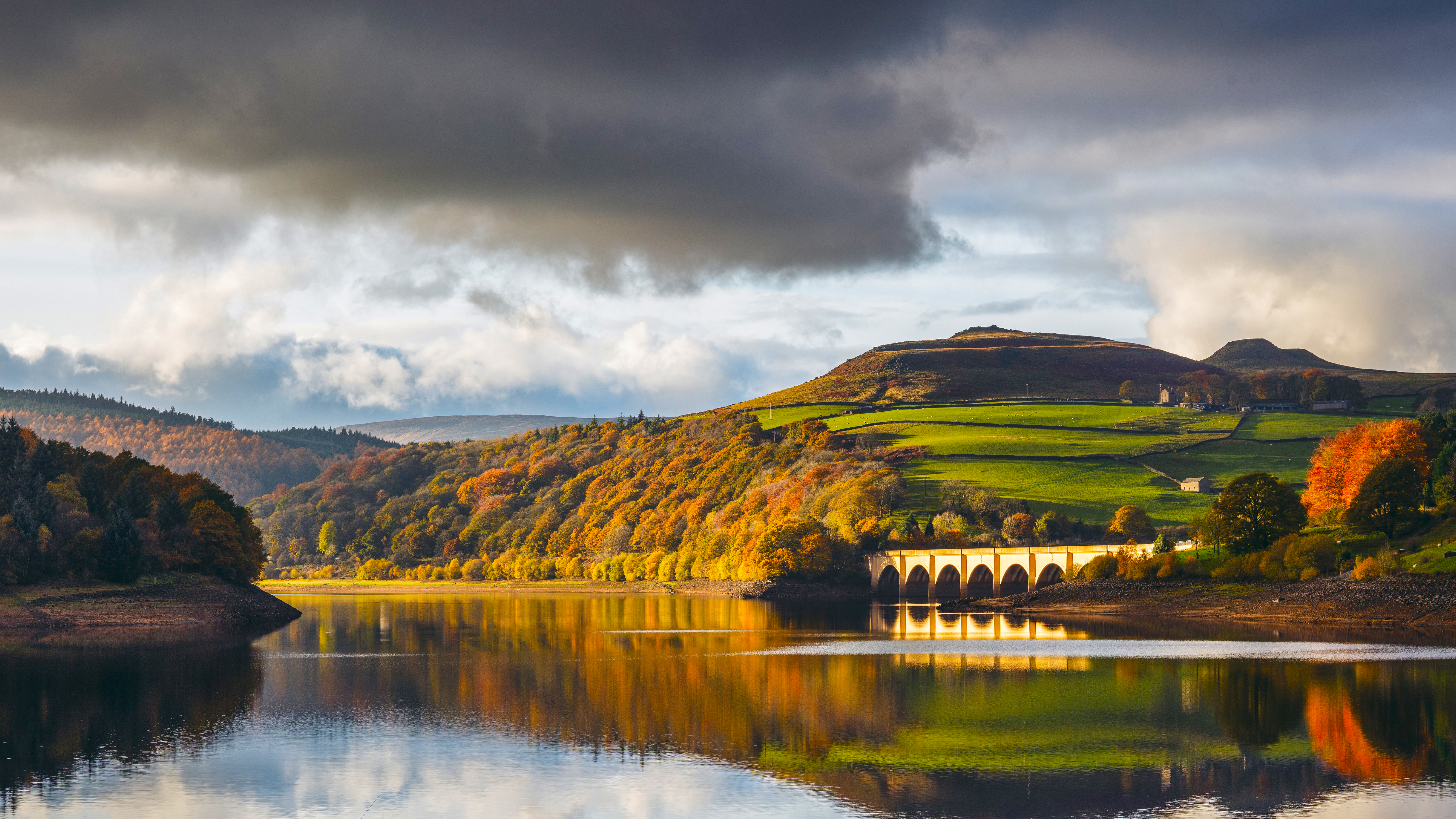 Autumn landscape with a bridge over a reservoir HD Wallpaper
