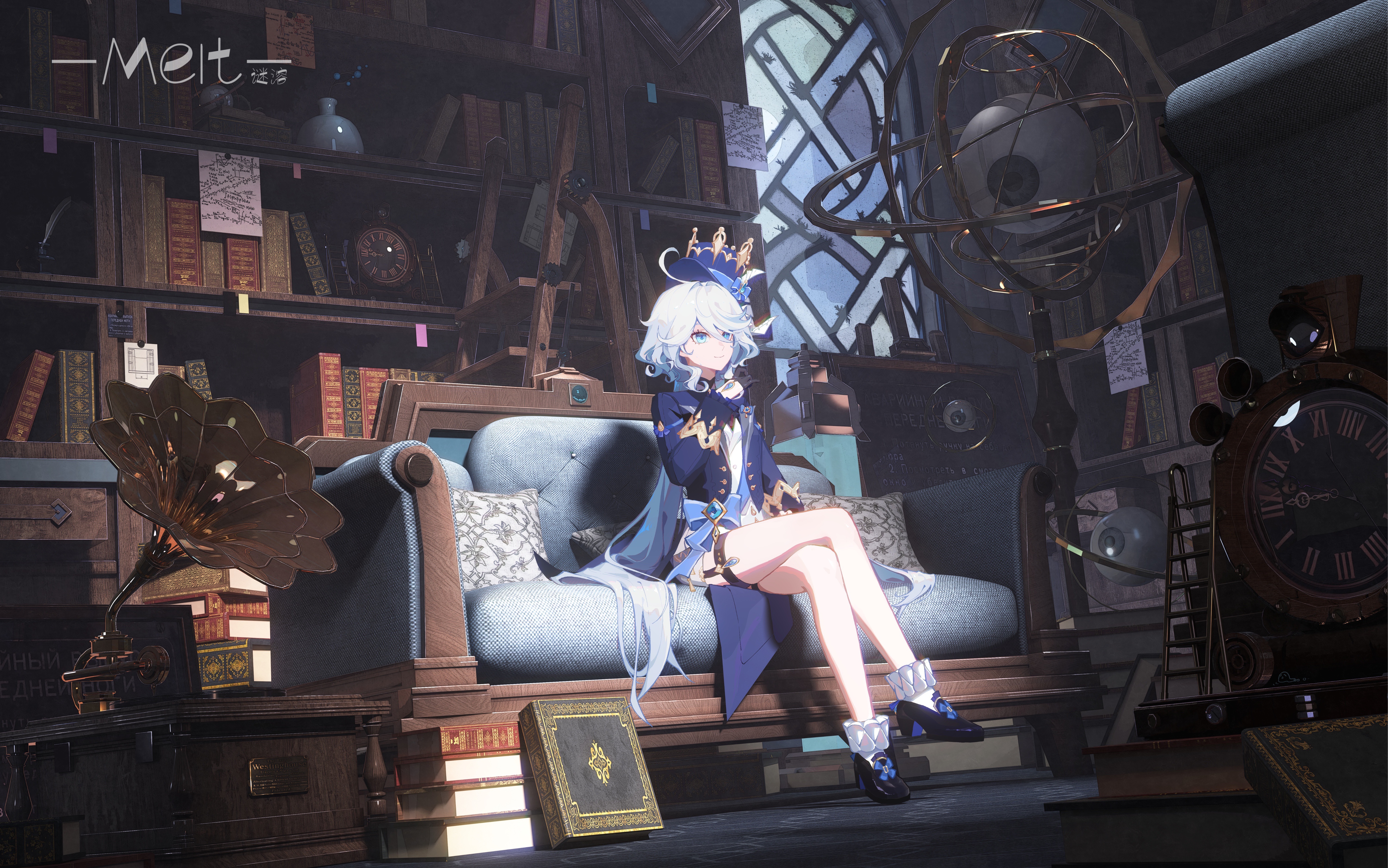 Genshin Impact Furina sitting in a library HD Wallpaper