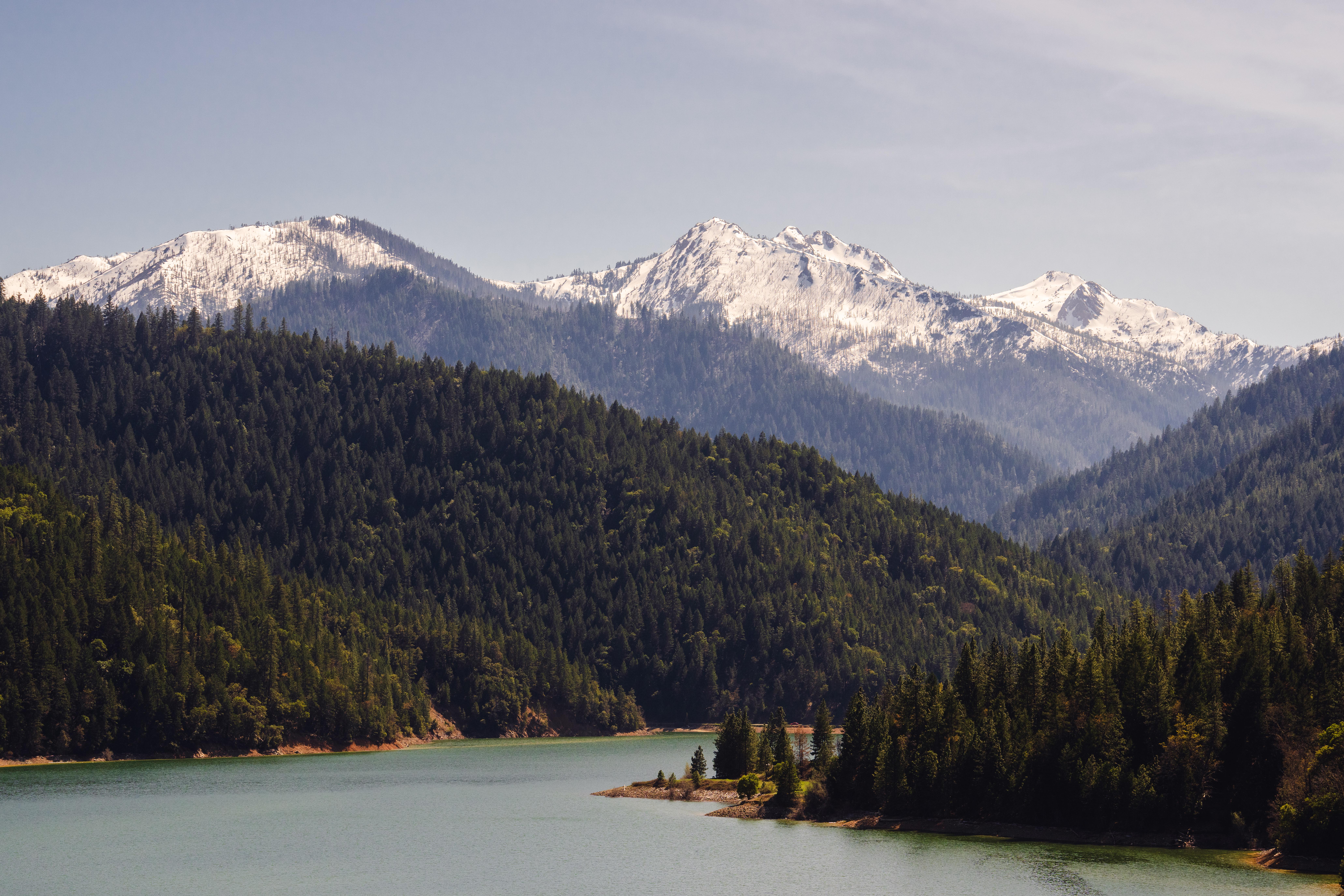 Snow-capped mountains overlook a forested lake in Oregon HD Wallpaper