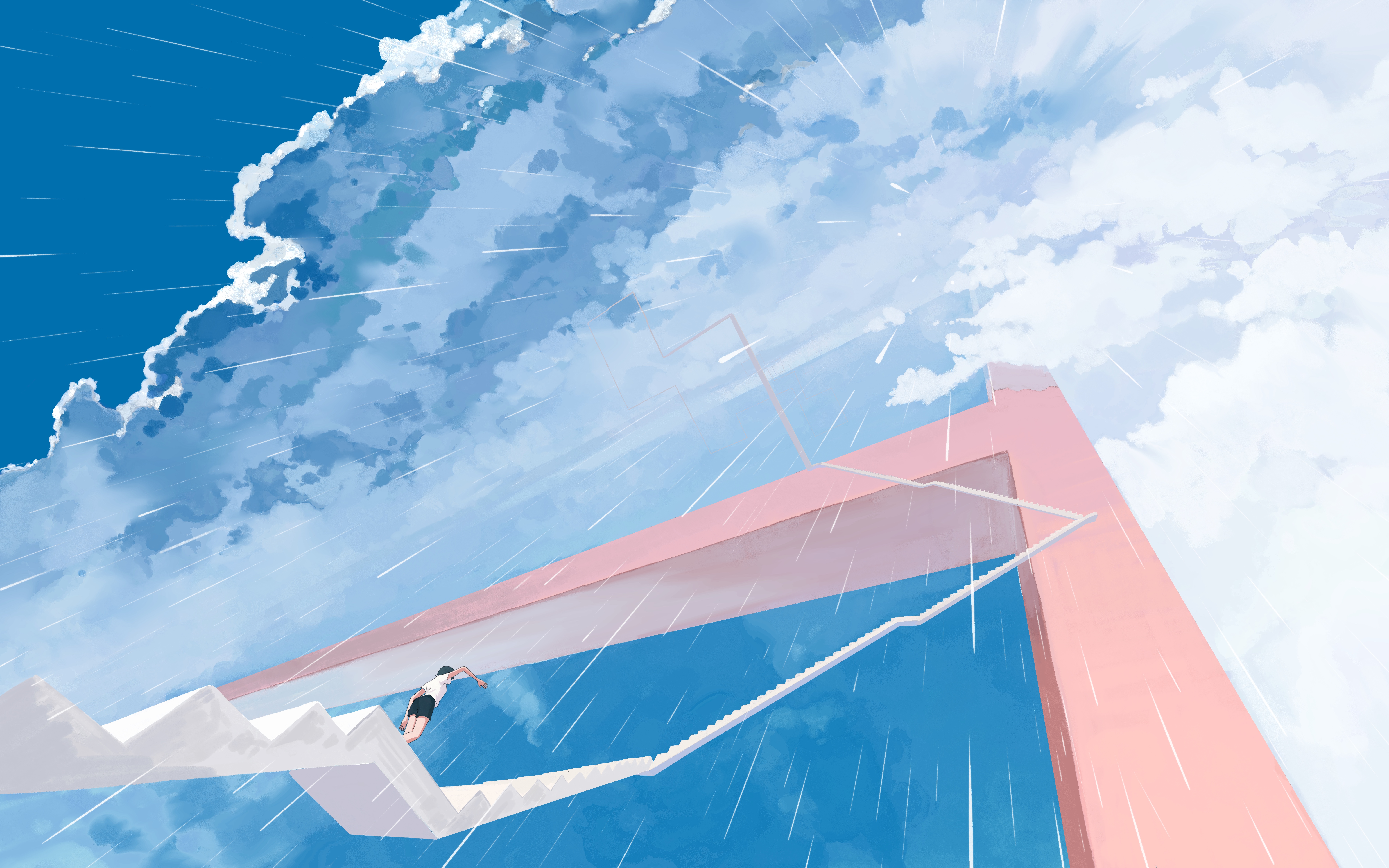 Woman on stairs under rainy sky with clouds HD Wallpaper