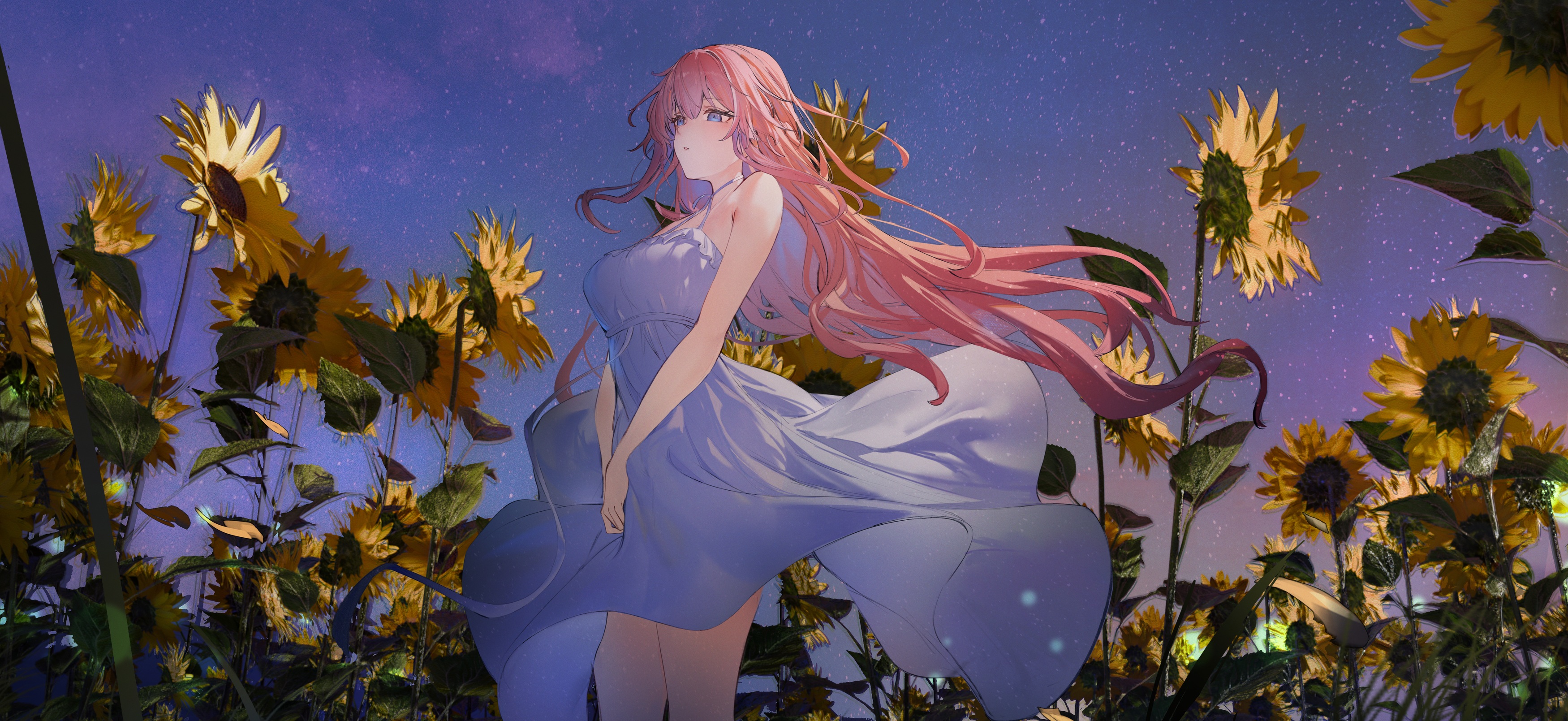 Anime girl with pink hair in a sunflower field HD Wallpaper