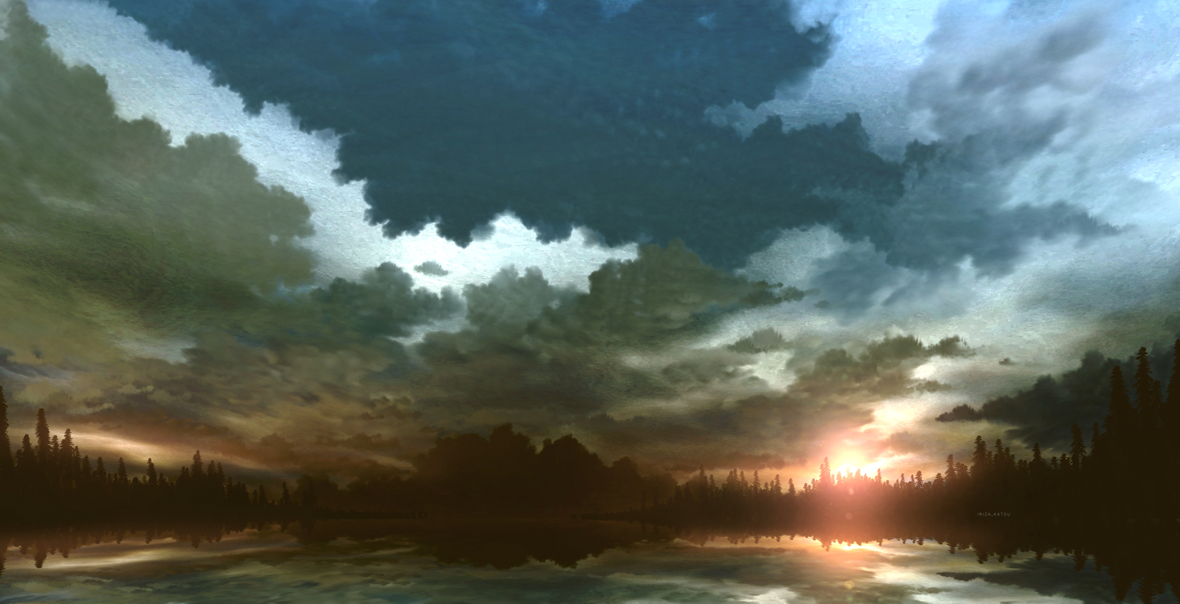 Sunrise over a calm lake with dramatic clouds HD Wallpaper
