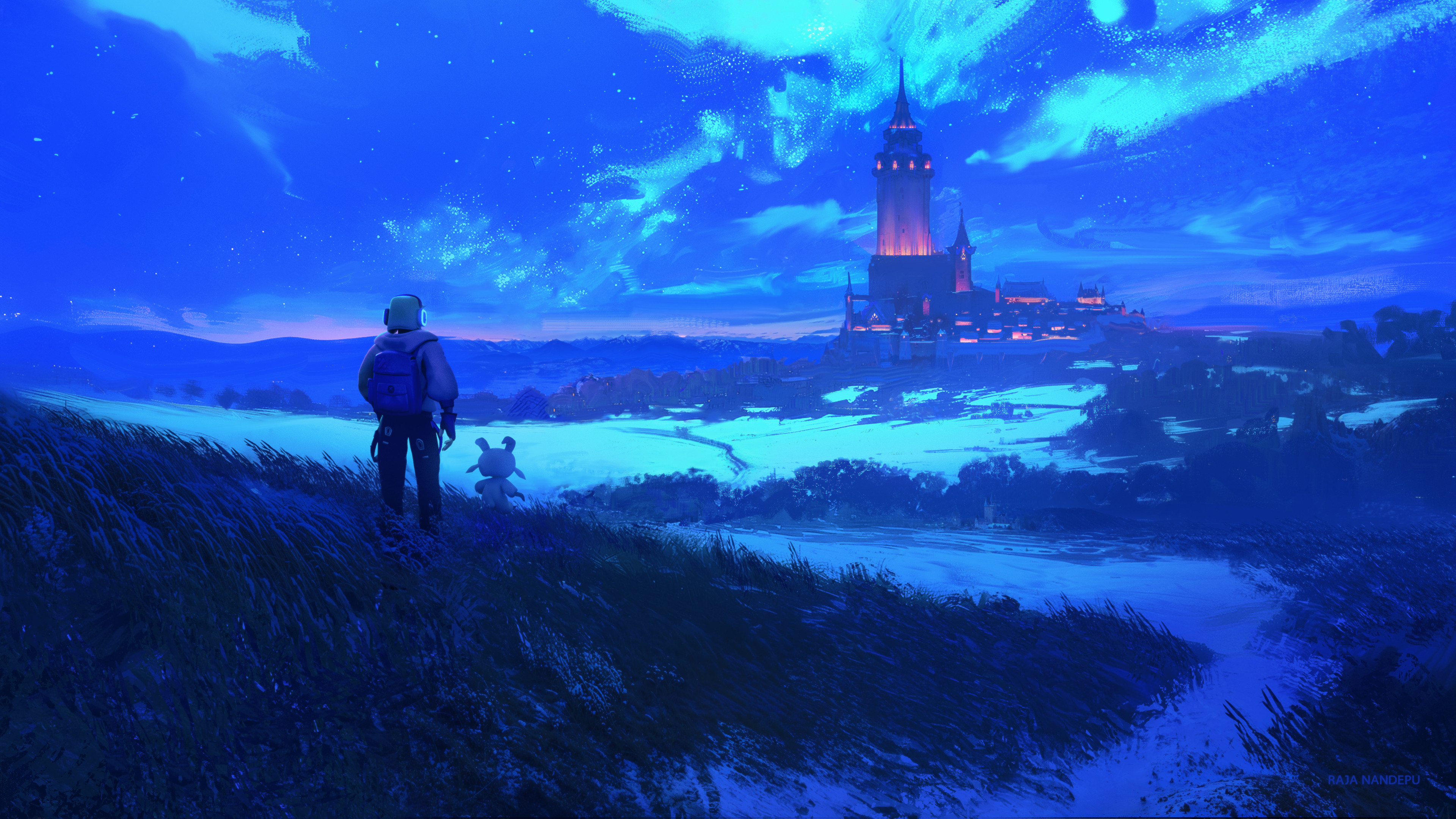 Creature and person looking at a castle at night HD Wallpaper