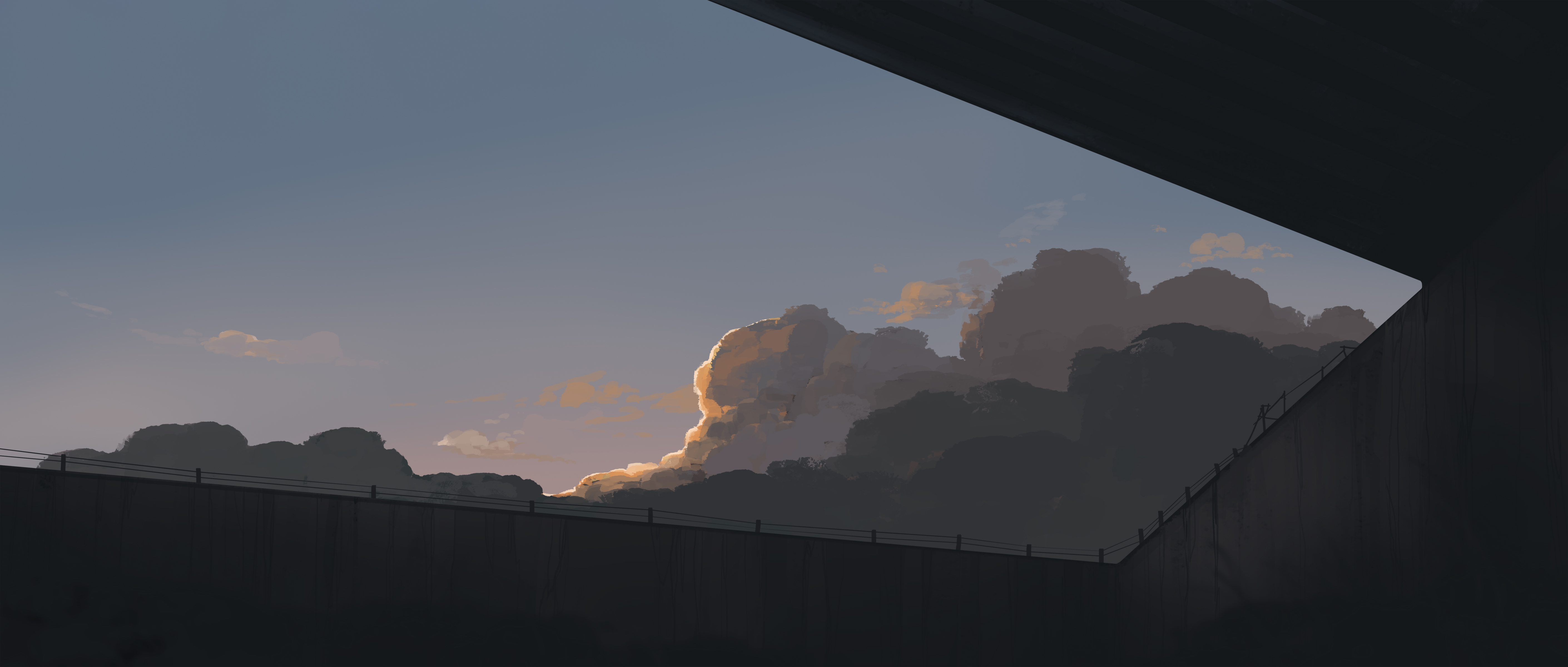 Clouds illuminated by sunlight over a dark structure HD Wallpaper