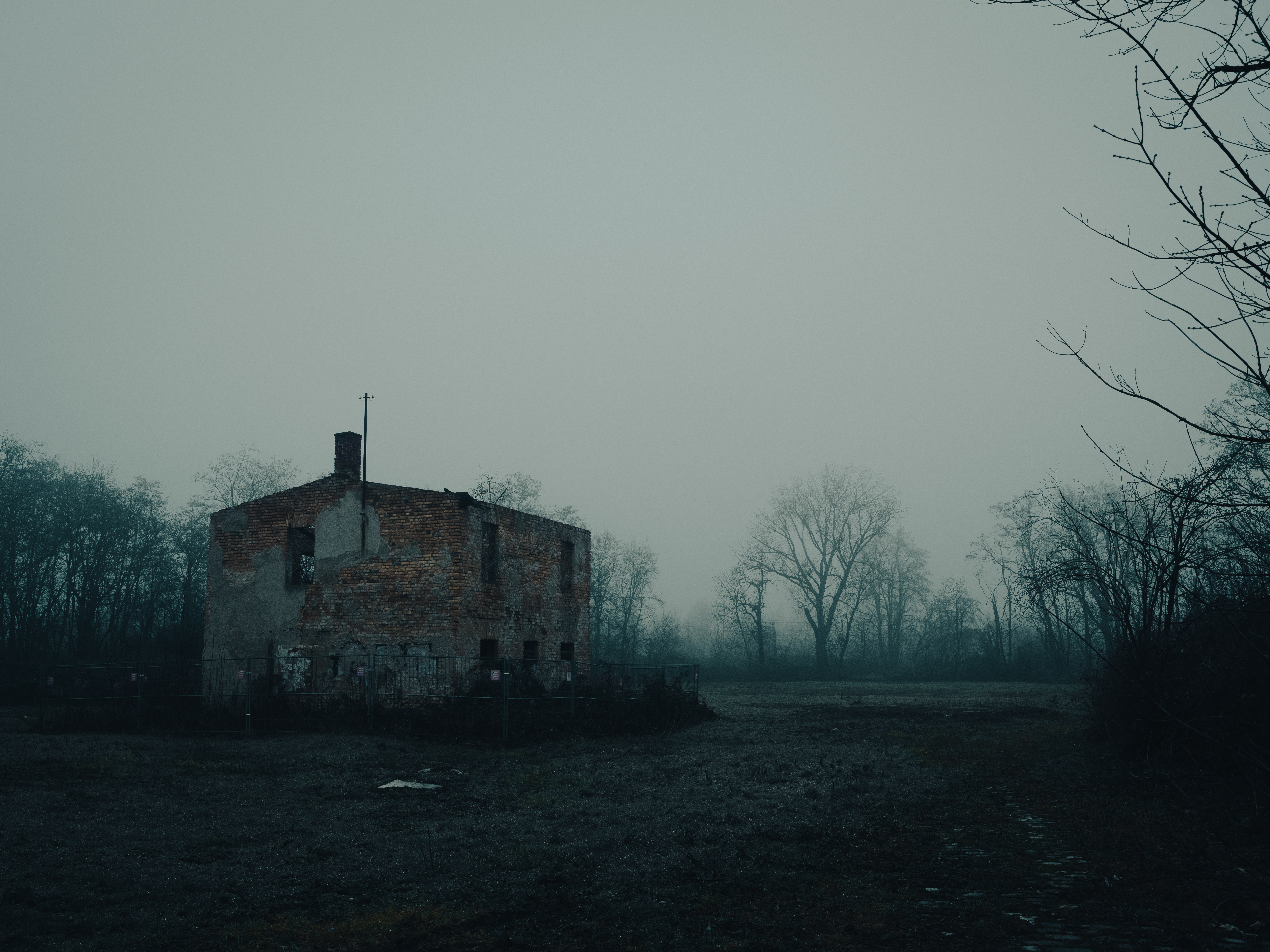 Abandoned brick building in foggy winter forest HD Wallpaper
