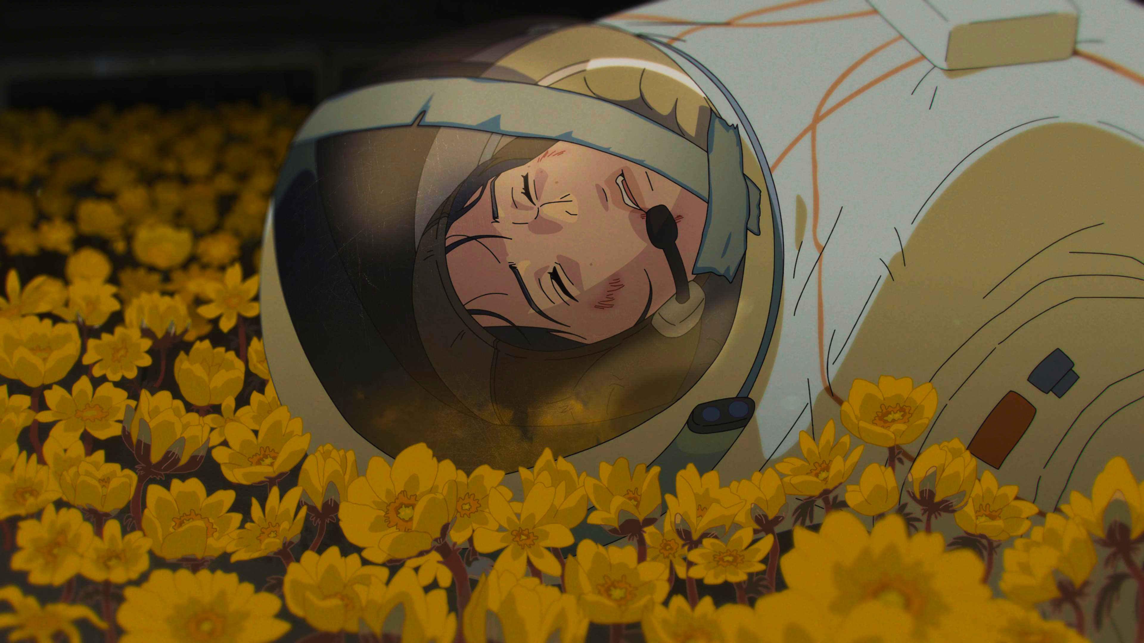Astronaut in a field of yellow flowers HD Wallpaper