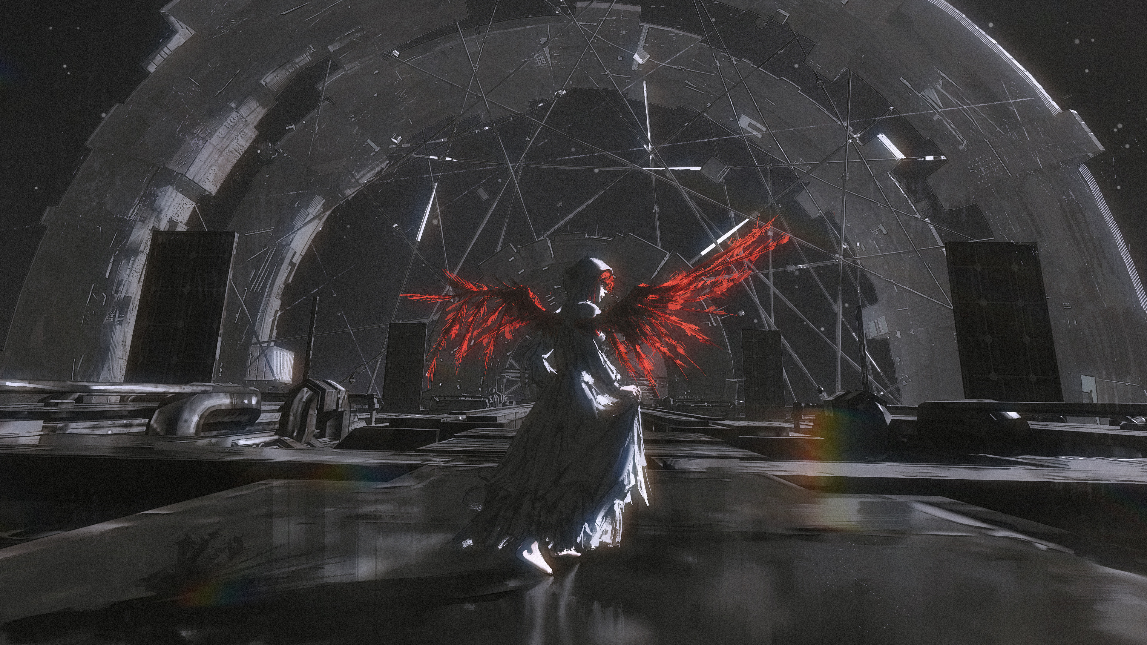 Original characters with red wings in a dystopian setting HD Wallpaper