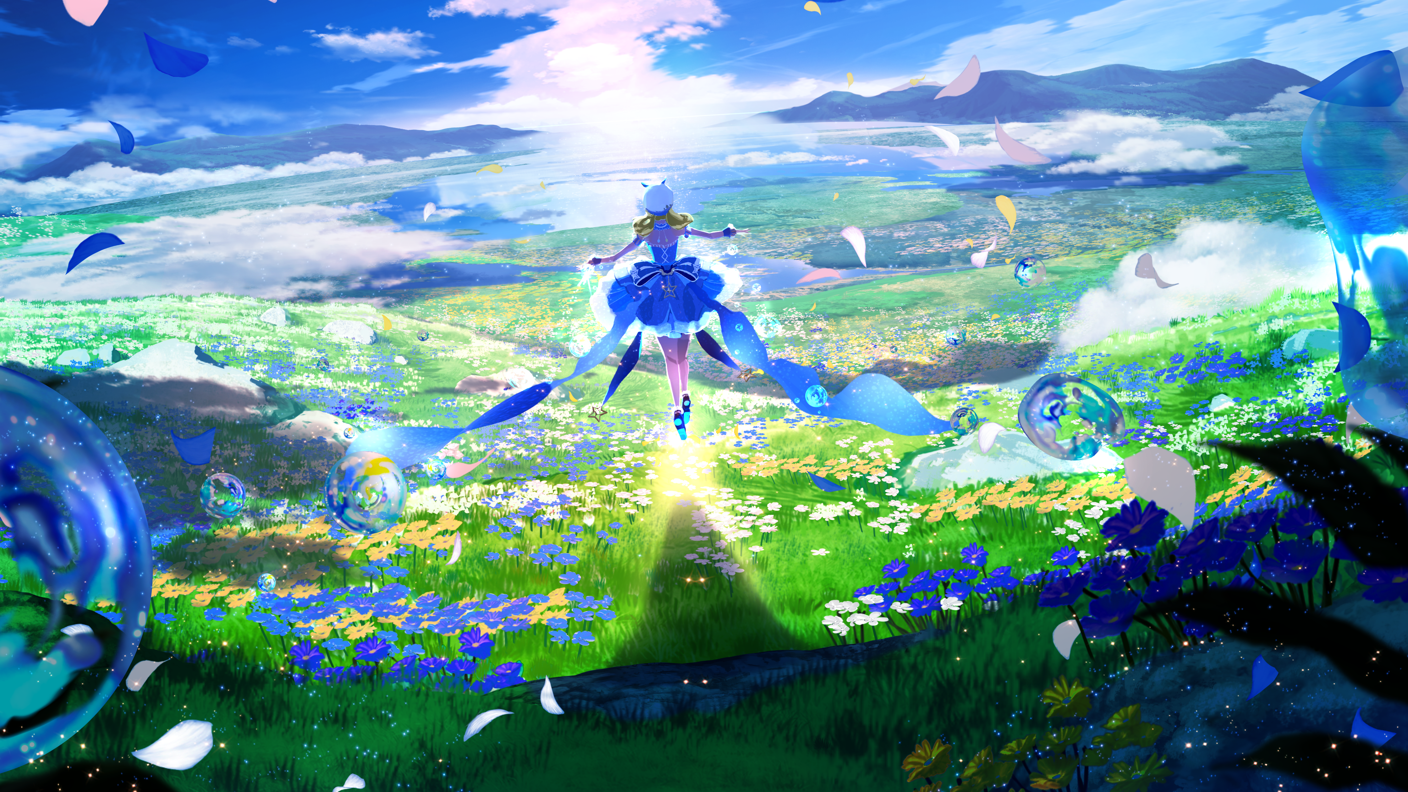Infinity Nikki girl in a blue dress in a field HD Wallpaper
