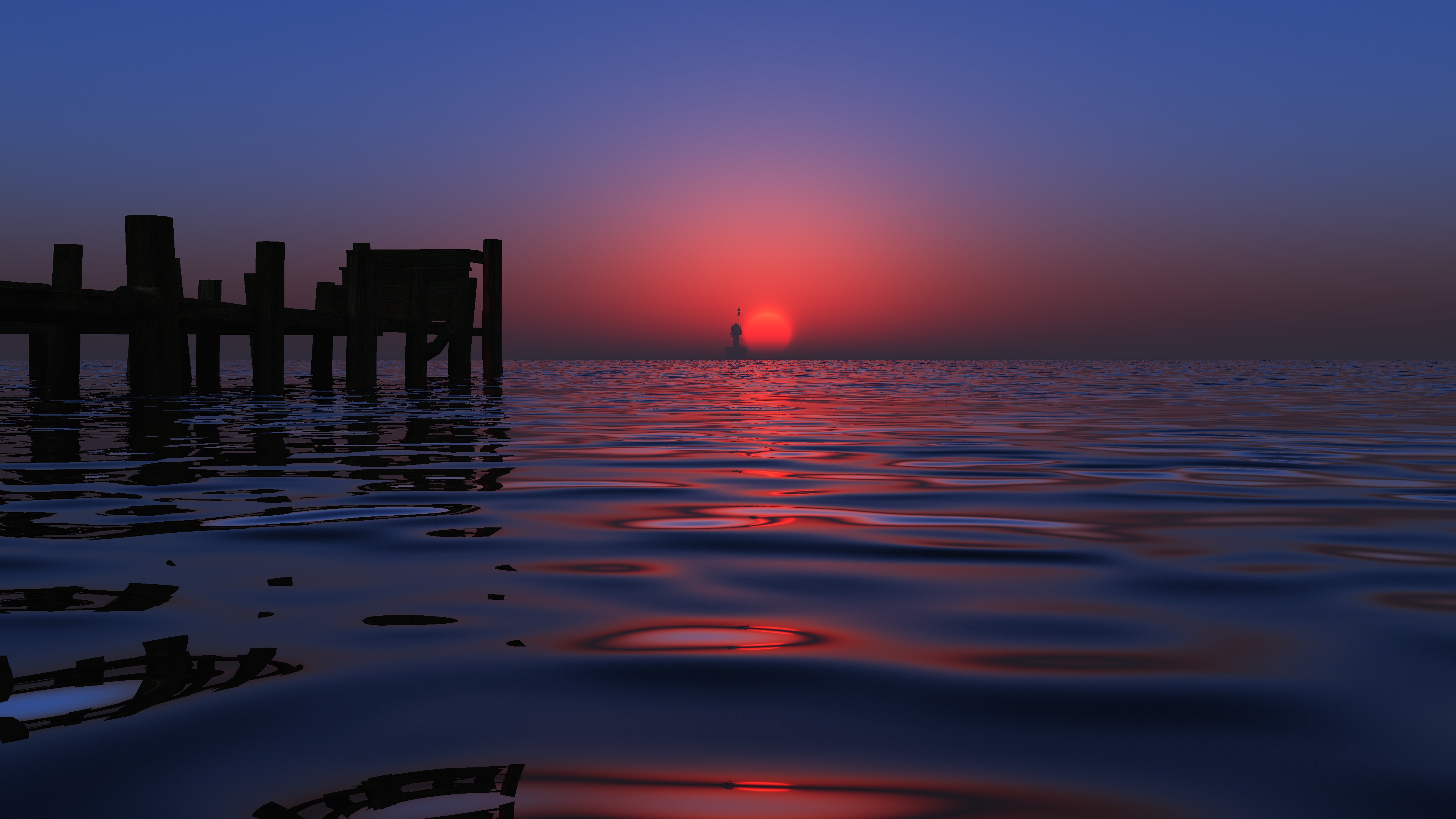 Digital art sunset over the ocean with pier HD Wallpaper