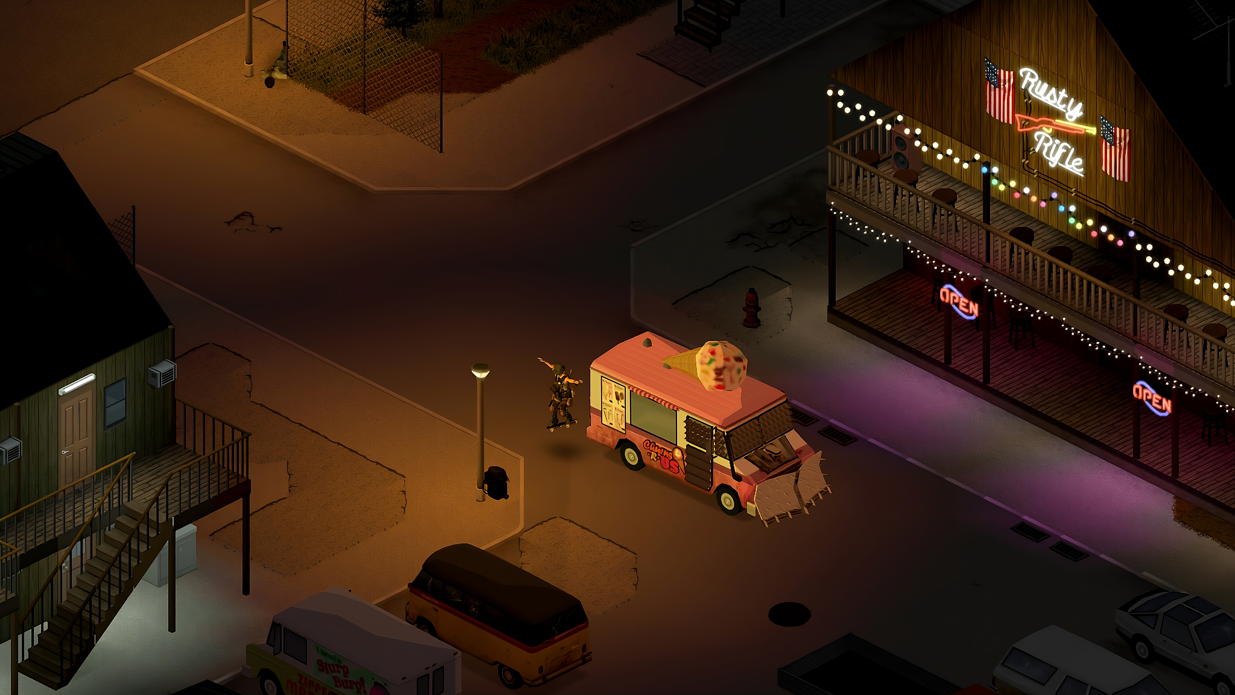 Project Zomboid ice cream van survivor vehicle in town HD Wallpaper