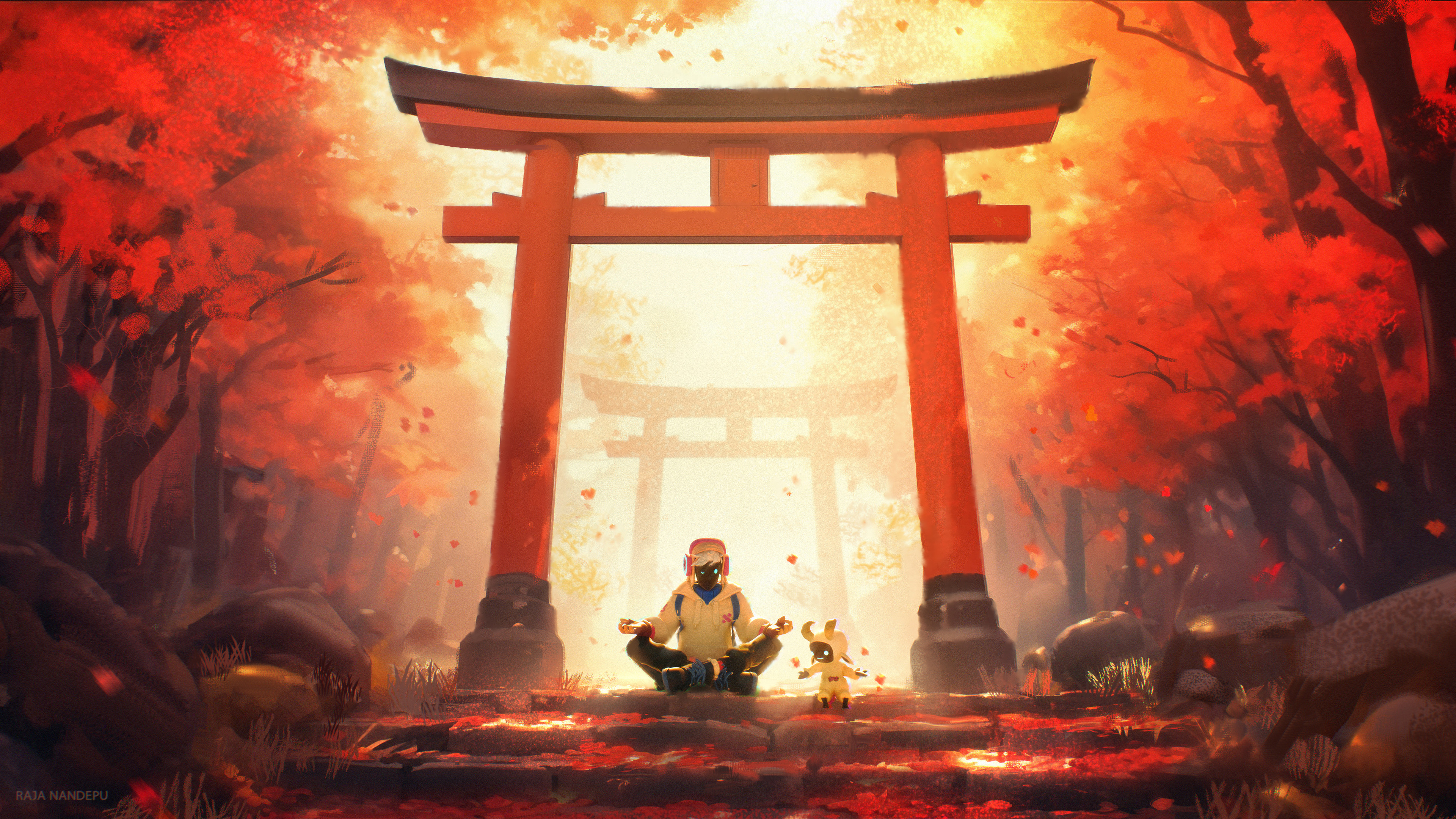 Creature meditating under a torii gate HD Wallpaper