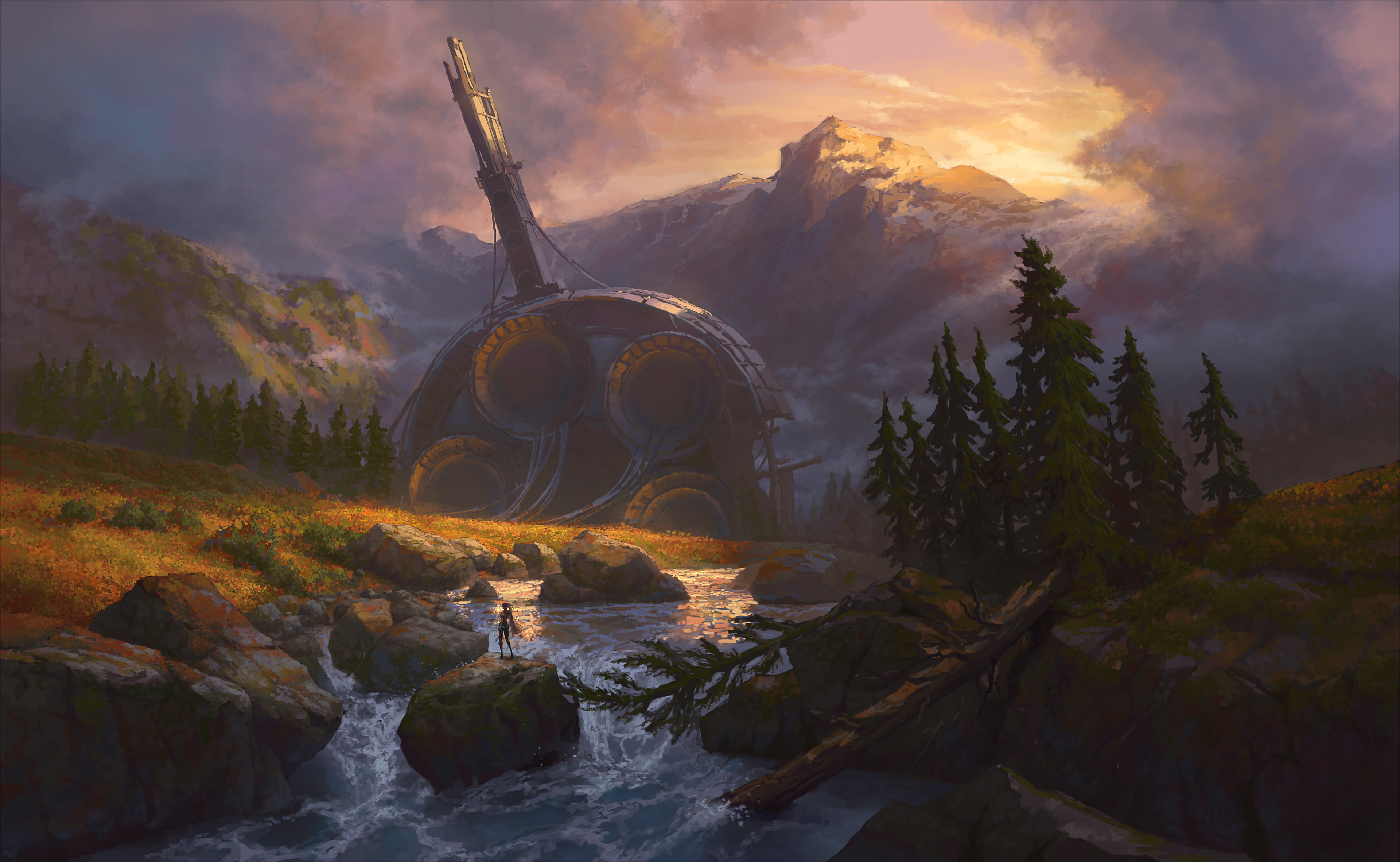 Crashed Spaceship in a Mountain Valley HD Wallpaper