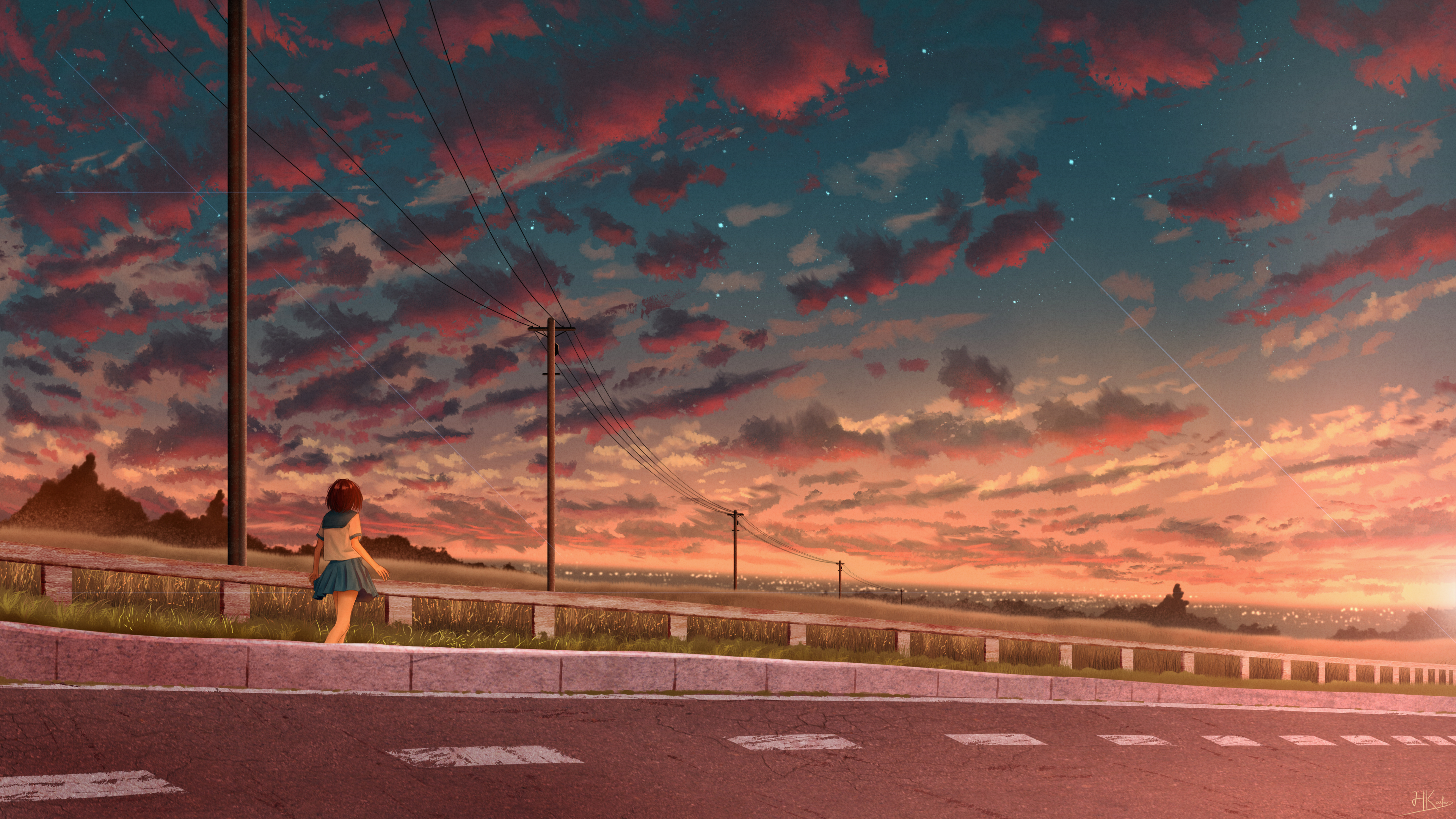 Anime girl in school uniform walks by utility poles at sunset HD Wallpaper