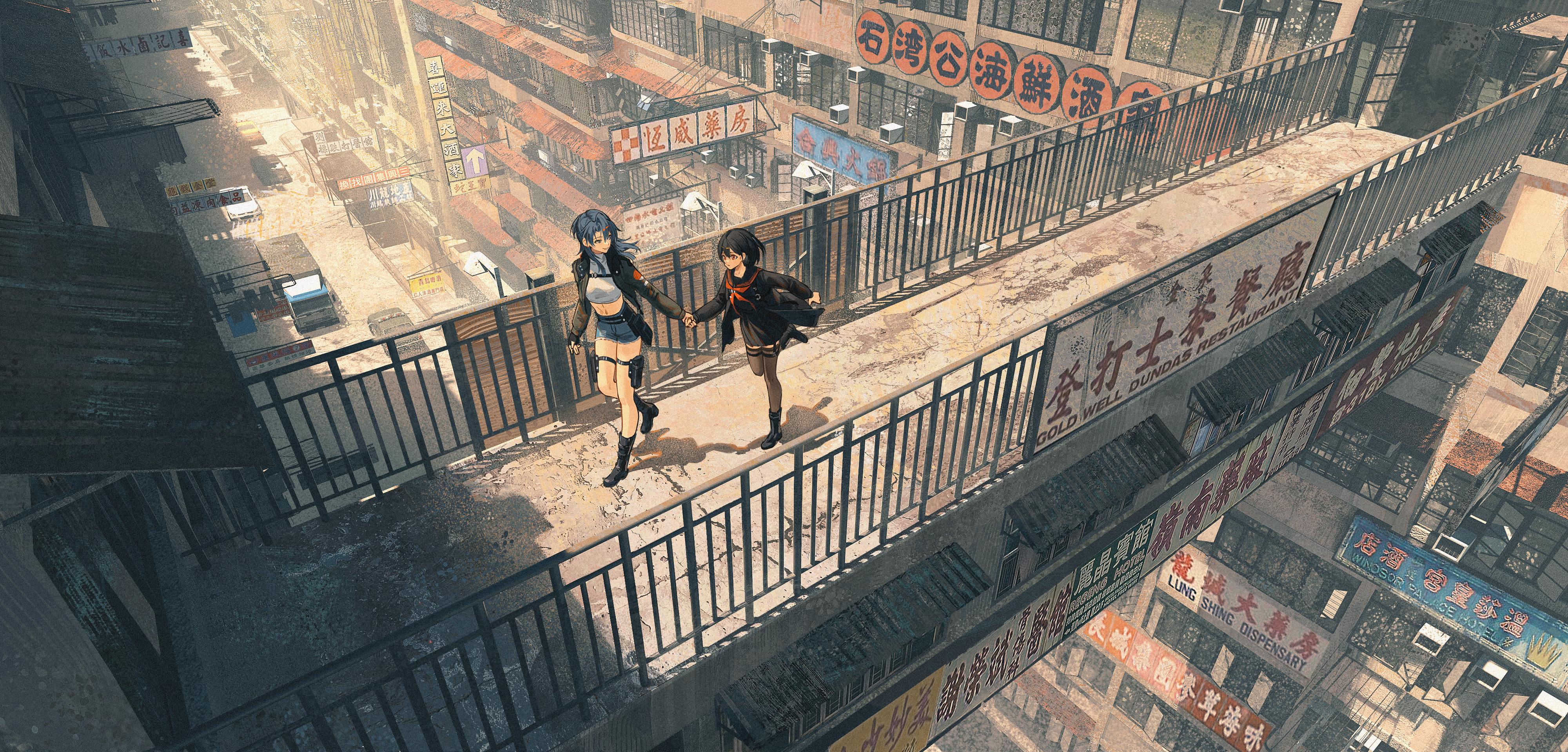 Anime girls walking on a bridge in a city HD Wallpaper