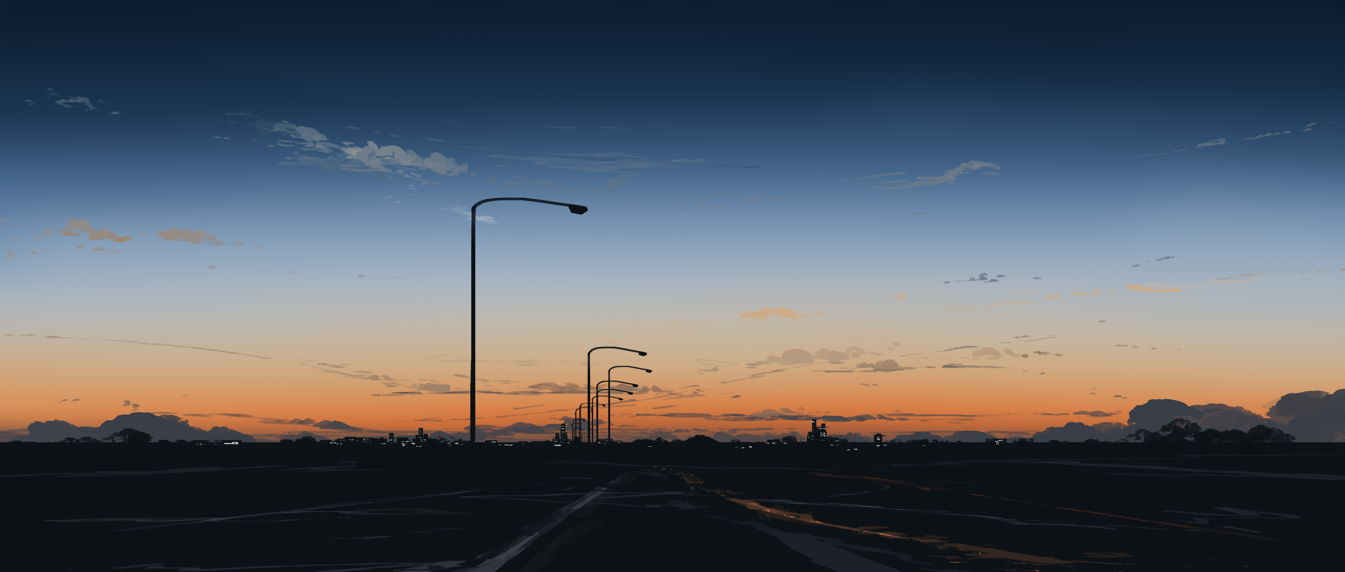 Streetlights on a road at sunset HD Wallpaper