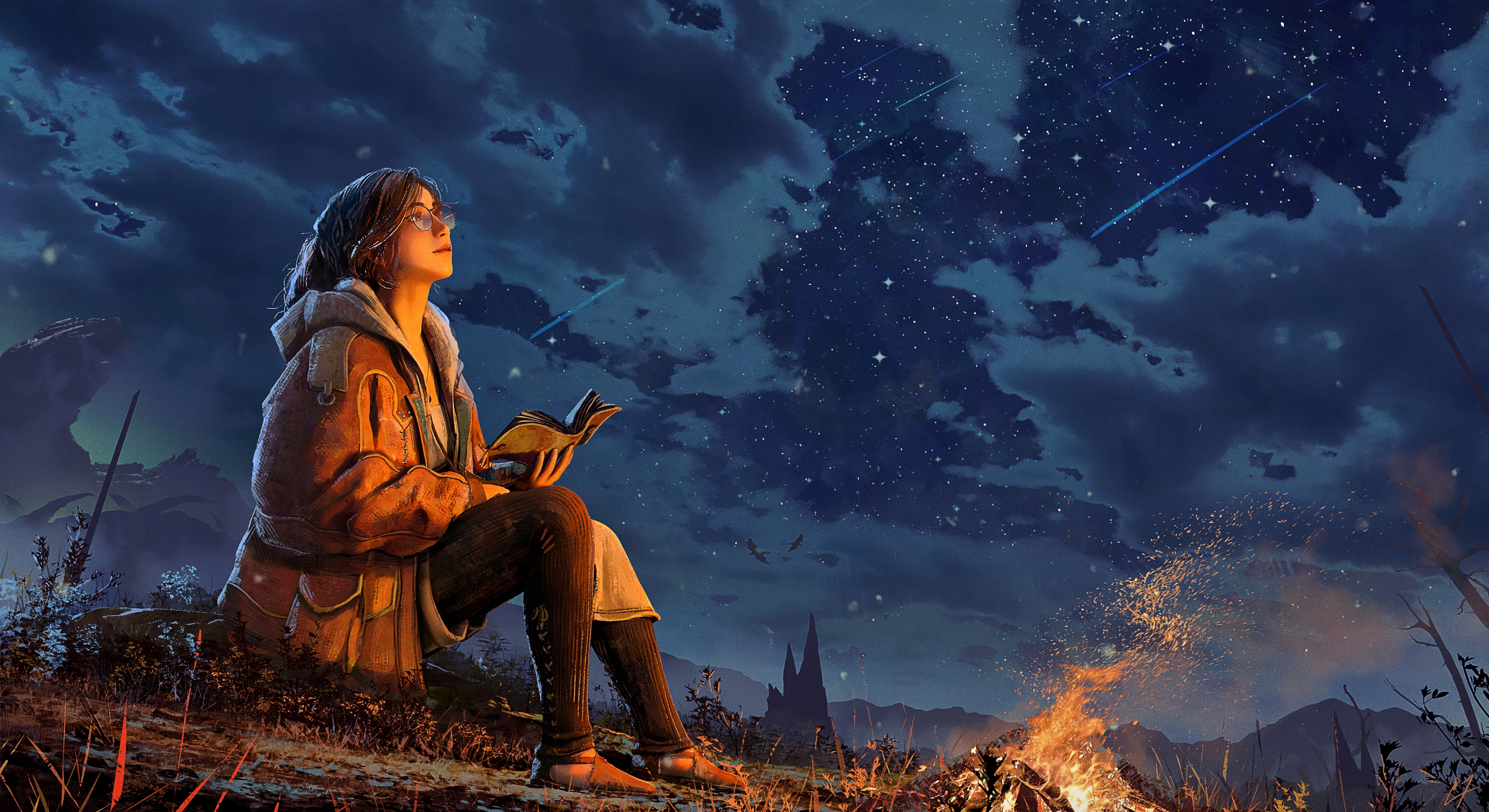 Monster Hunter Wilds: Woman reading by campfire under starry sky HD Wallpaper