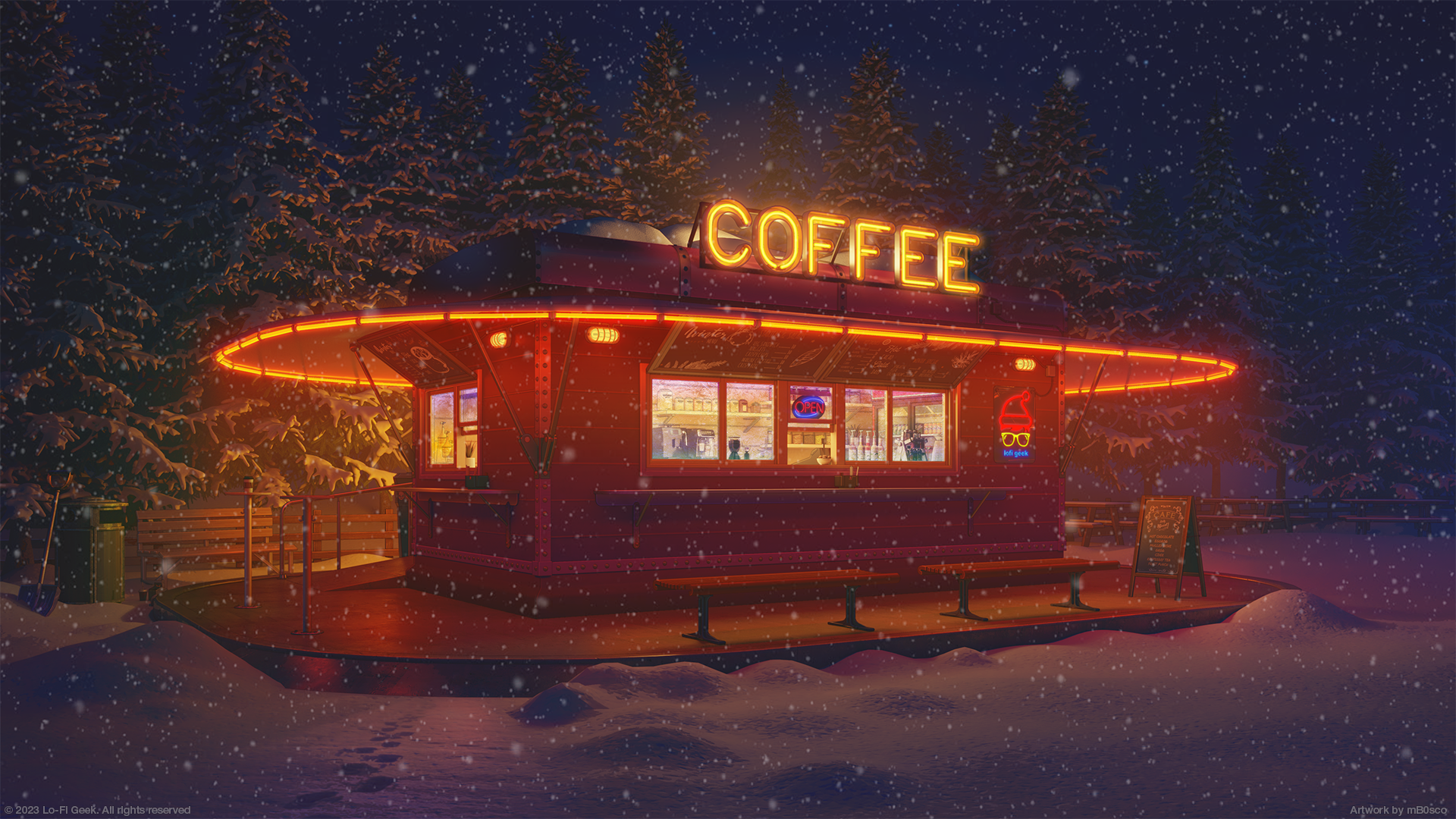 Neon coffee stand in a snowy winter forest at night HD Wallpaper