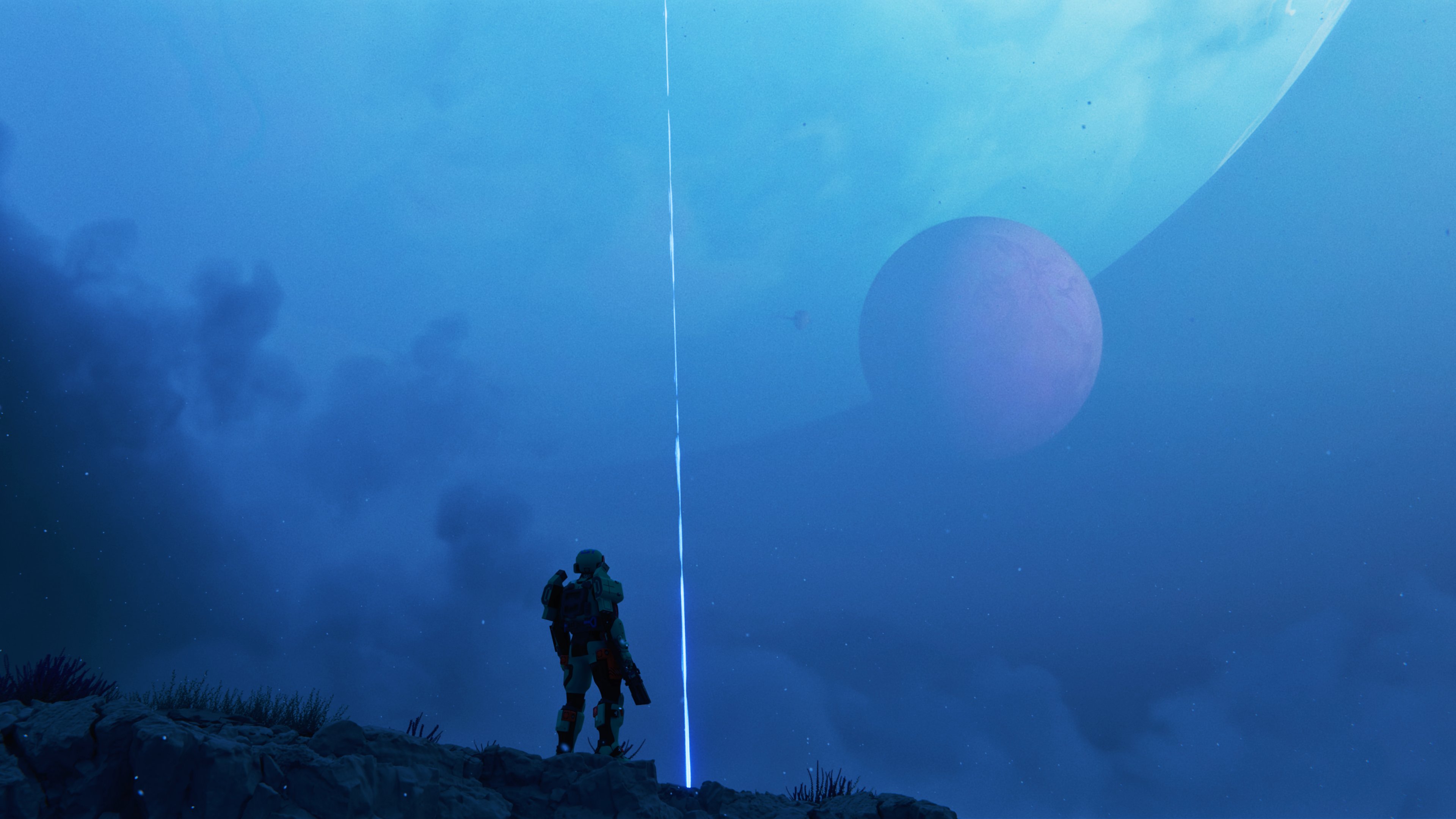Marathon (game) character standing on a cliff overlooking planets HD Wallpaper