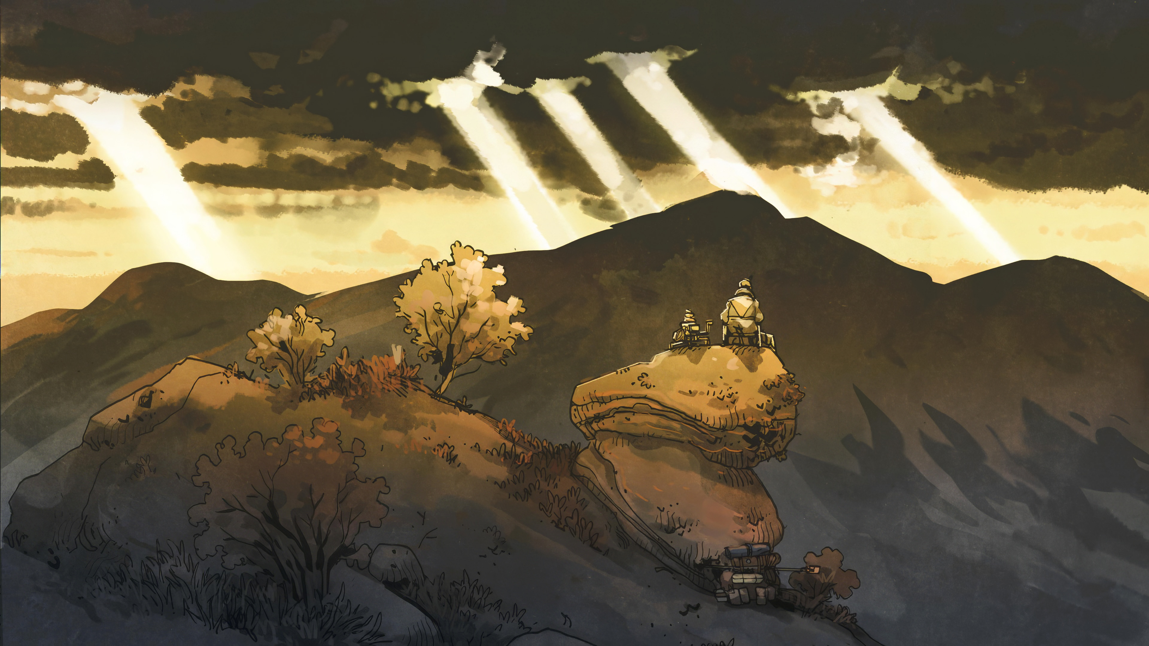 Cairn (game) artwork with sunbeams over mountains HD Wallpaper