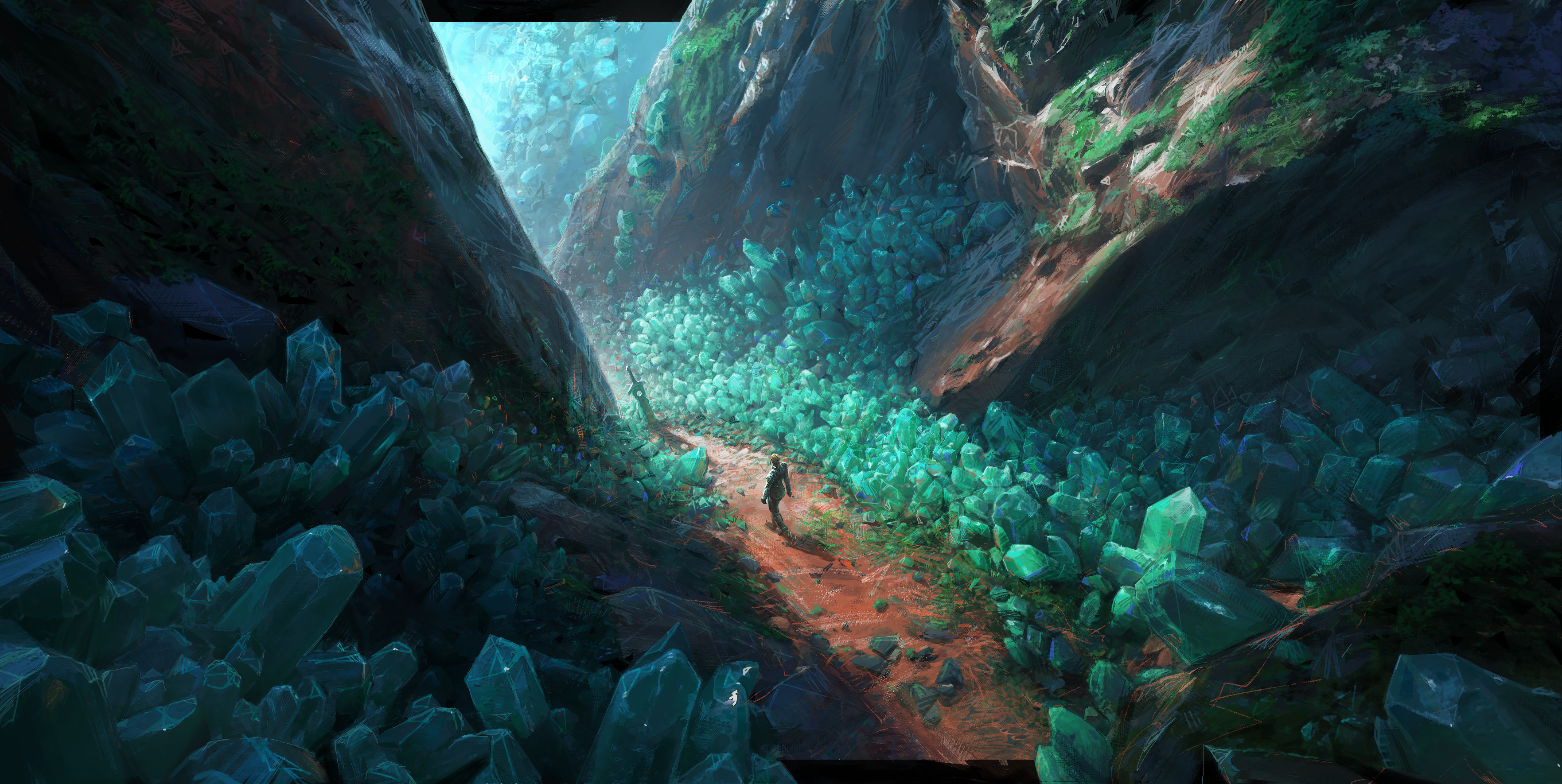 Man walks on path through crystal valley HD Wallpaper