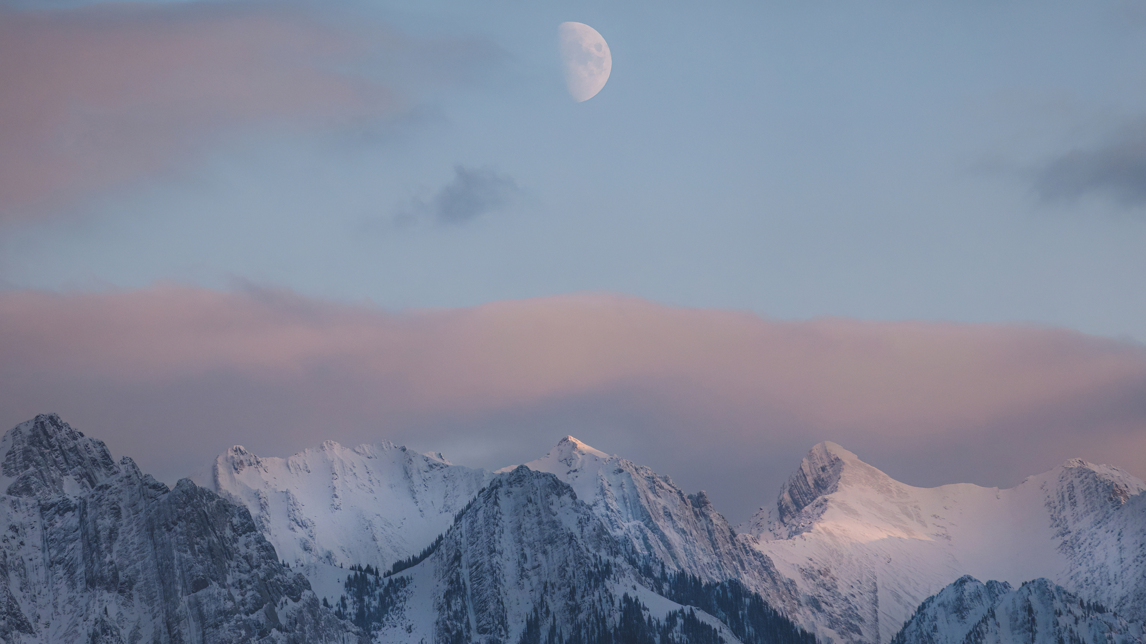 4K photography of snow-capped mountains under a crescent moon HD Wallpaper