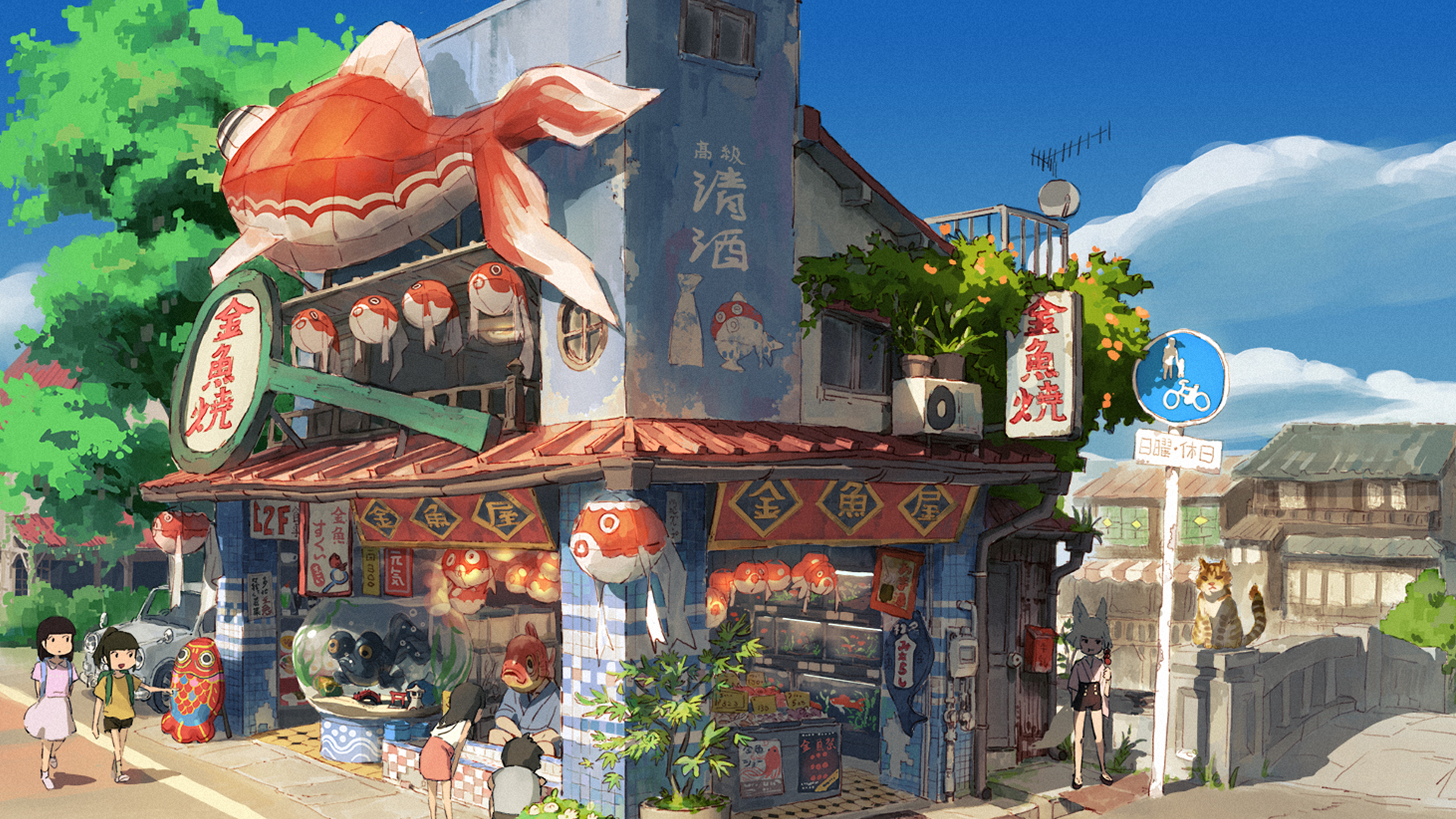 Anime girls and fox girl at a Japanese street shop HD Wallpaper