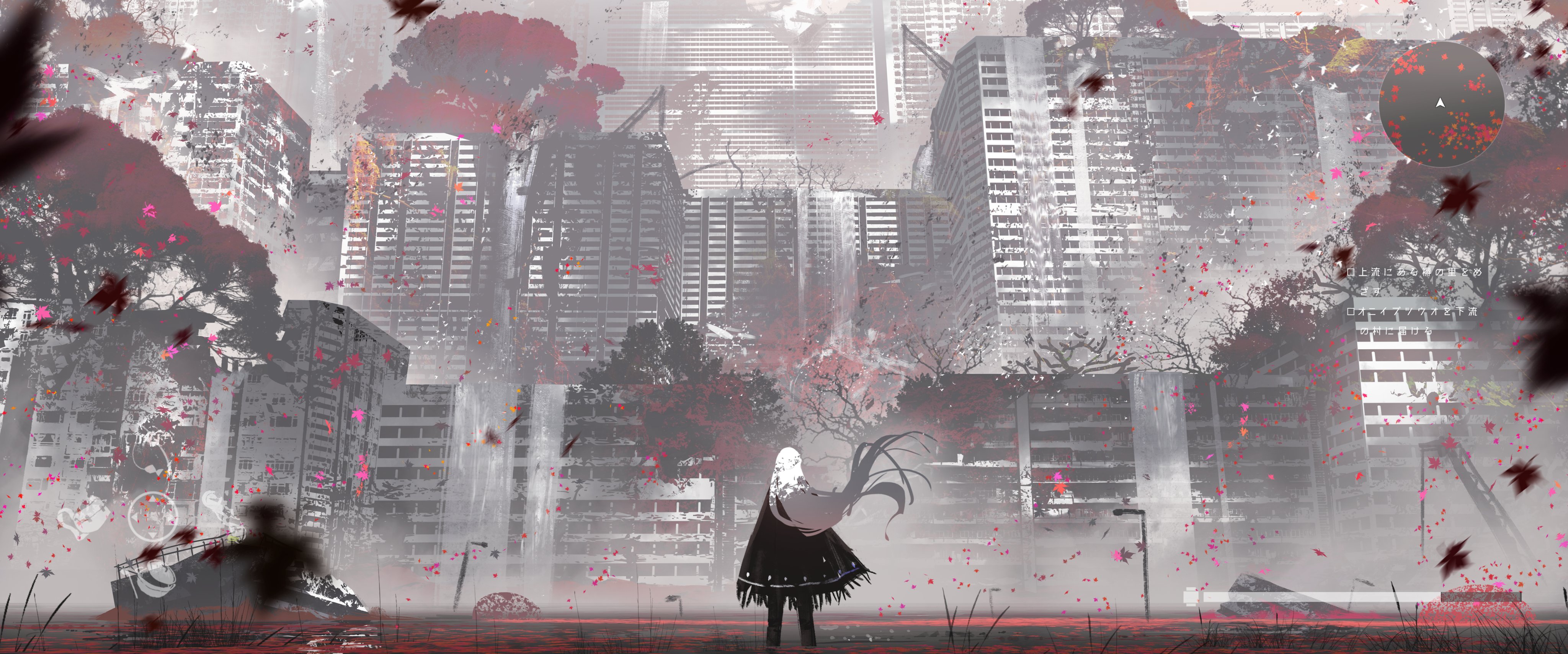 Anime girl with white hair in a ruined city HD Wallpaper