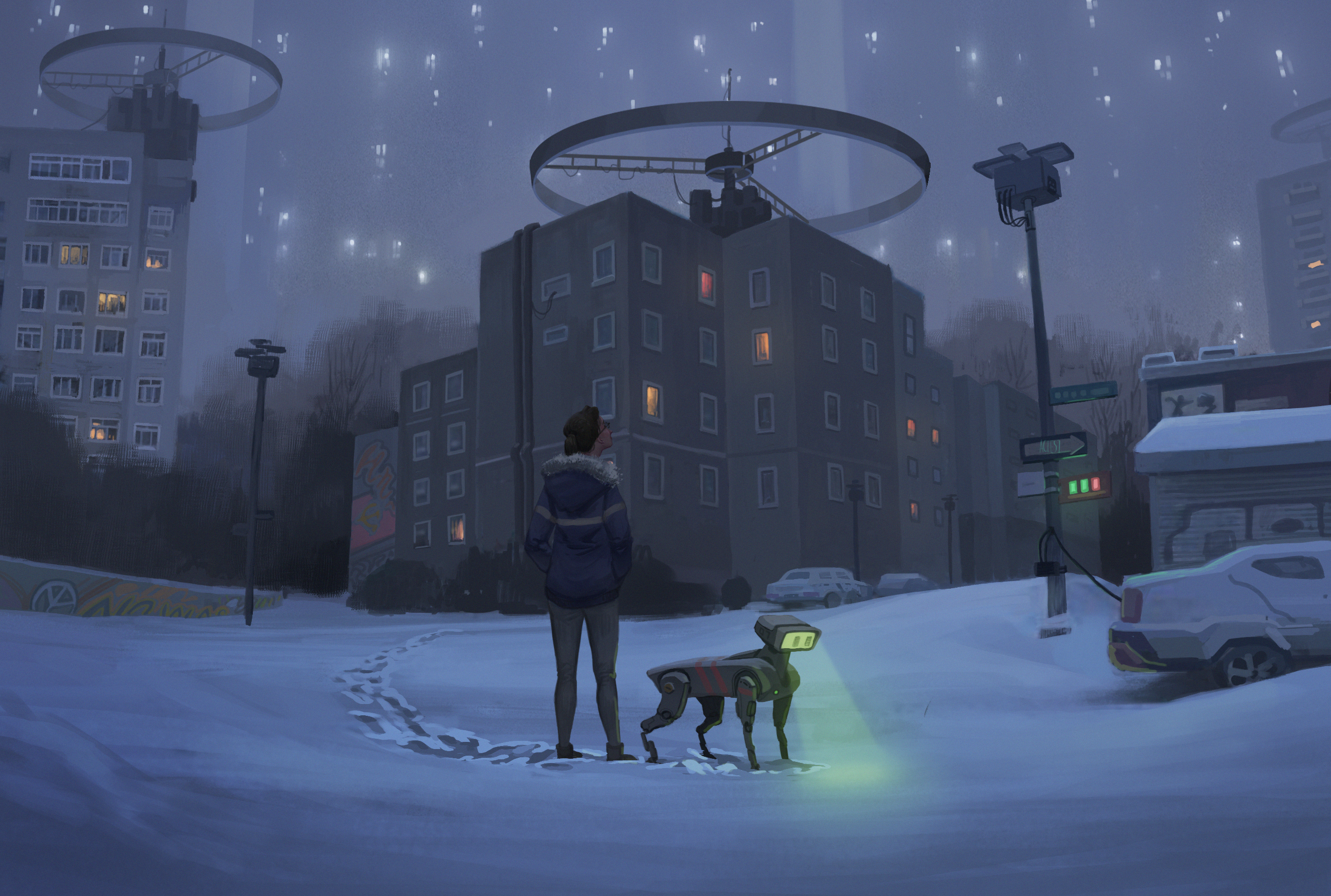 A person and a robot dog in a snowy city at night HD Wallpaper