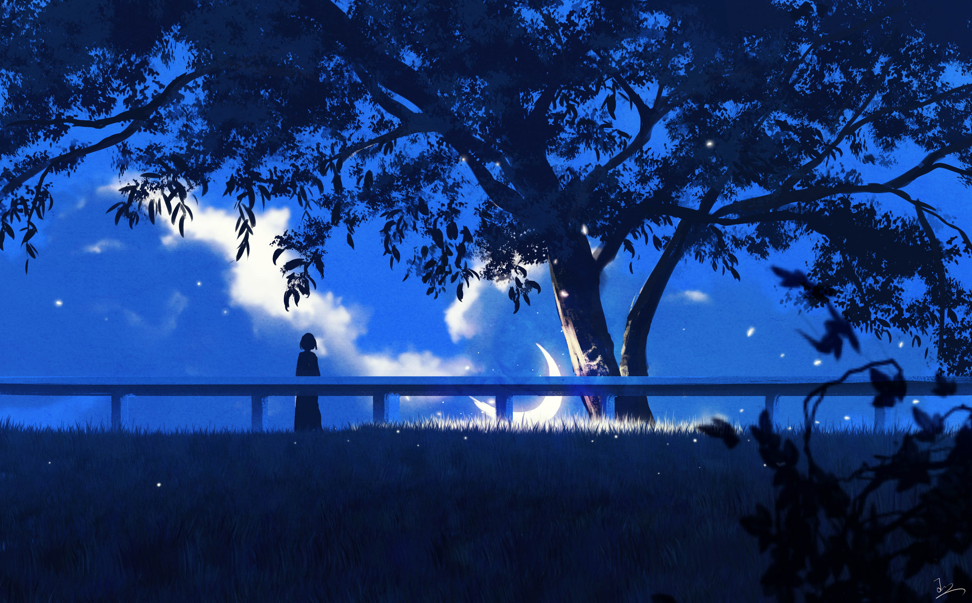 Silhouette of a person under a large tree with a crescent moon HD Wallpaper
