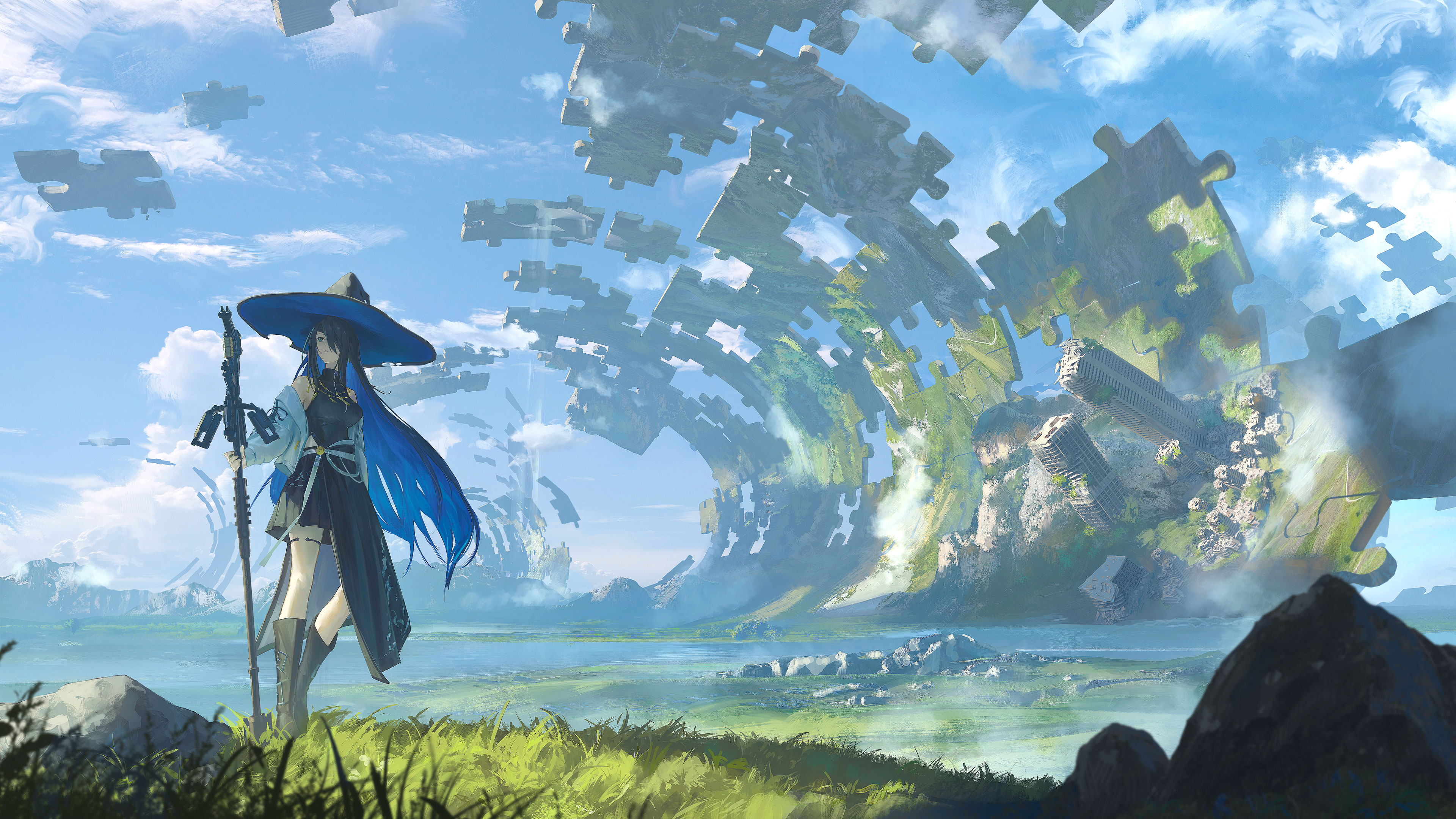 Anime girl with blue hair and witch hat in puzzle landscape HD Wallpaper
