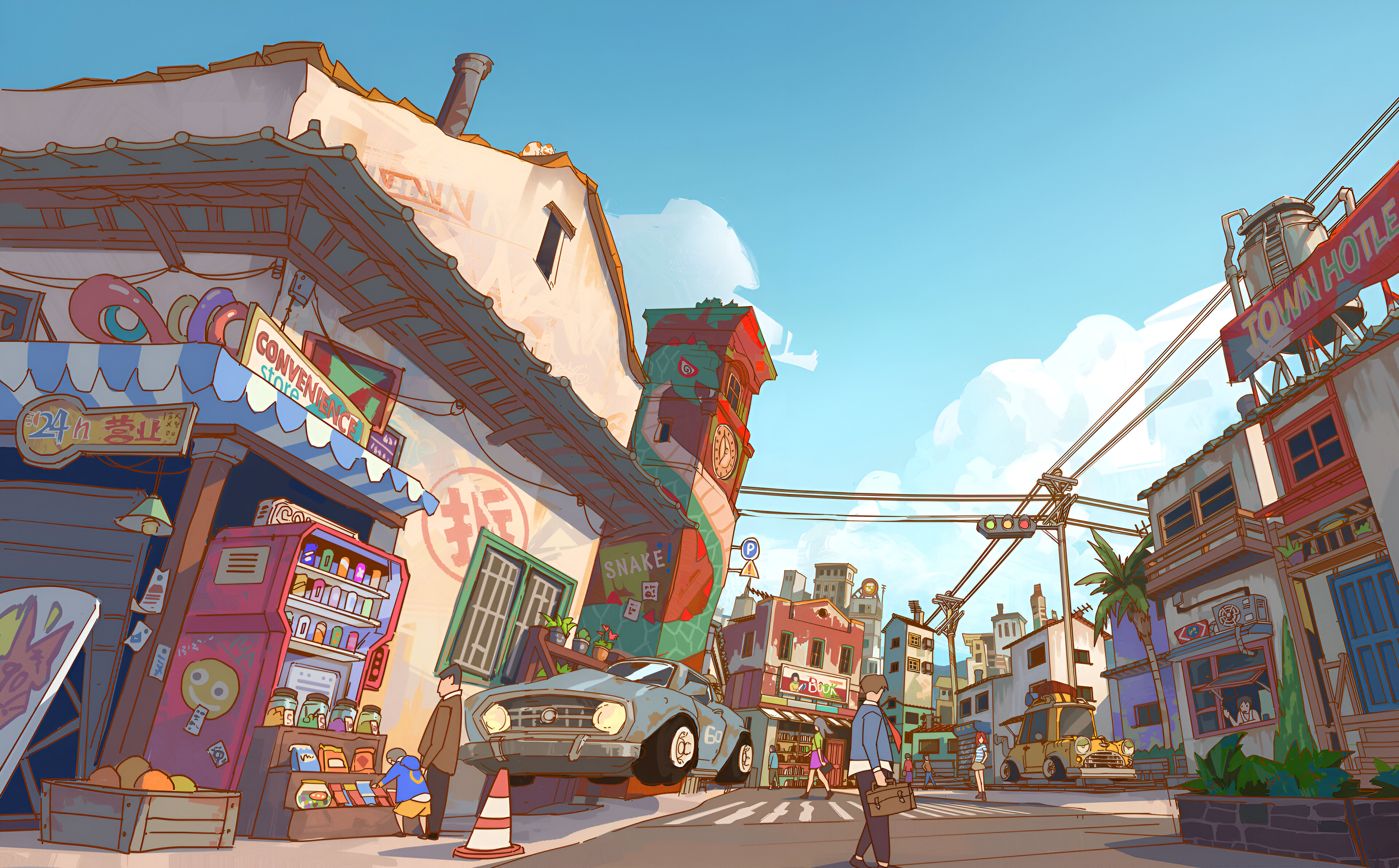 Flying car in a colorful, stylized city street HD Wallpaper