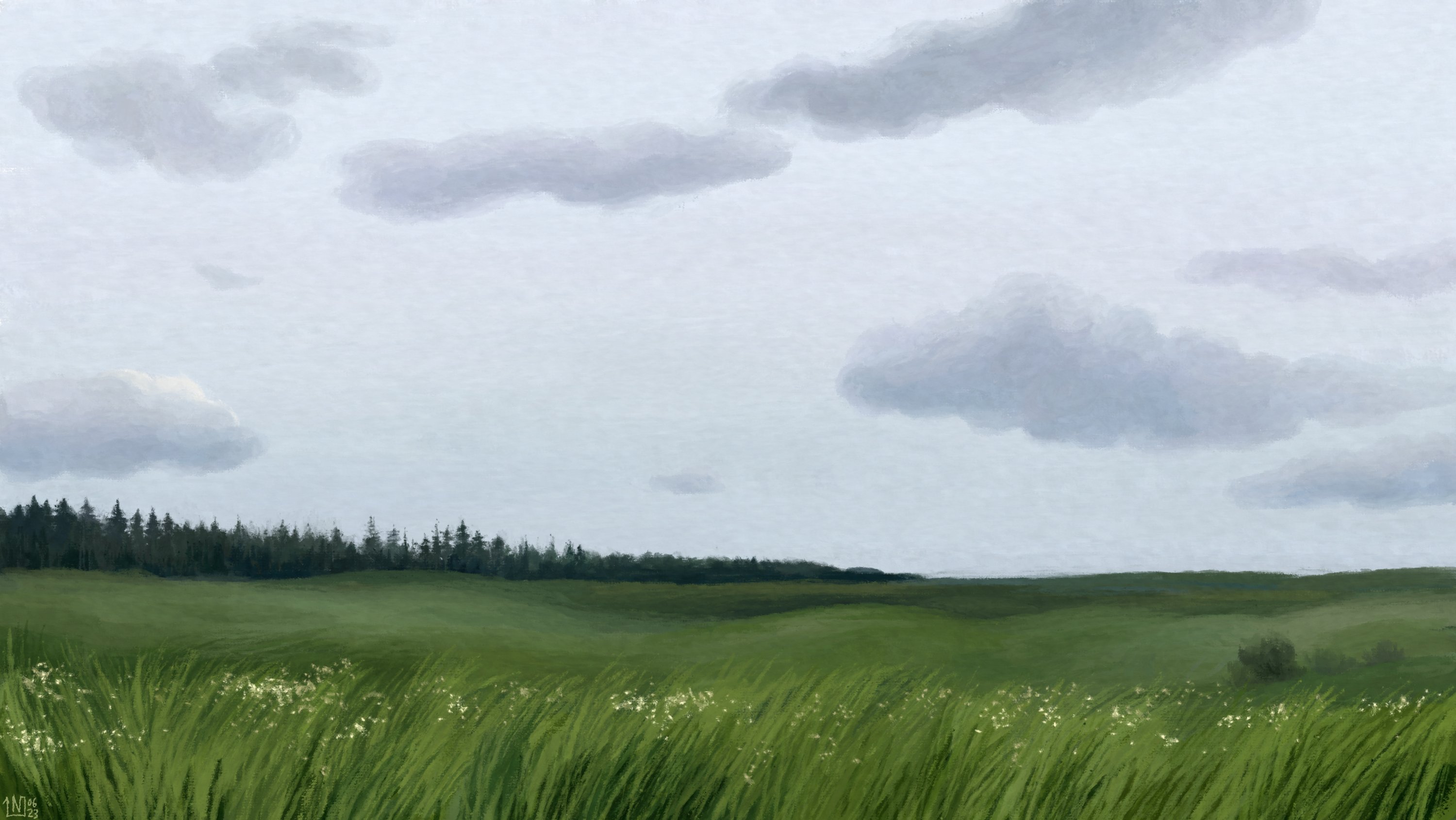 Green field with trees and clouds HD Wallpaper