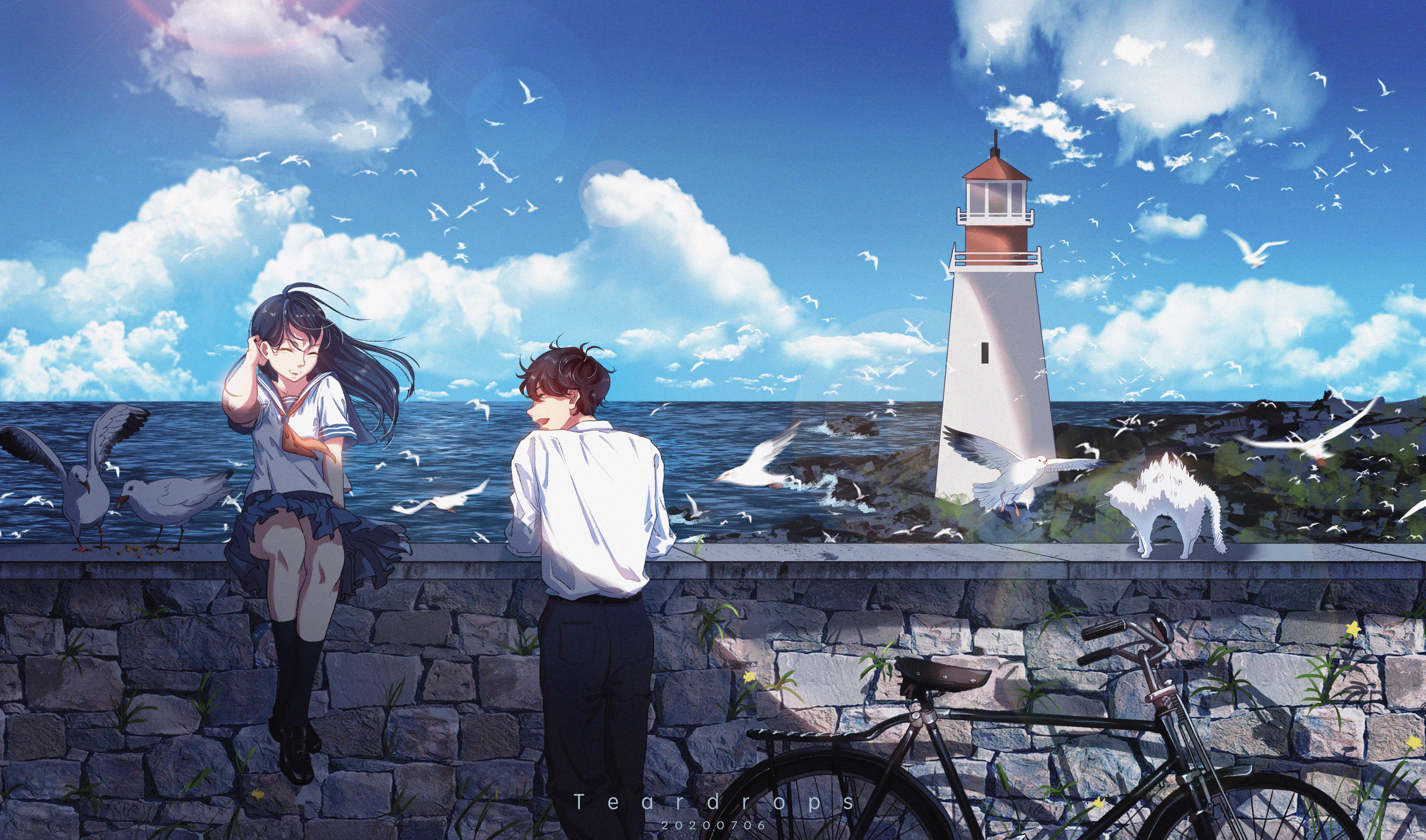 Anime boy and girl by the sea with lighthouse HD Wallpaper