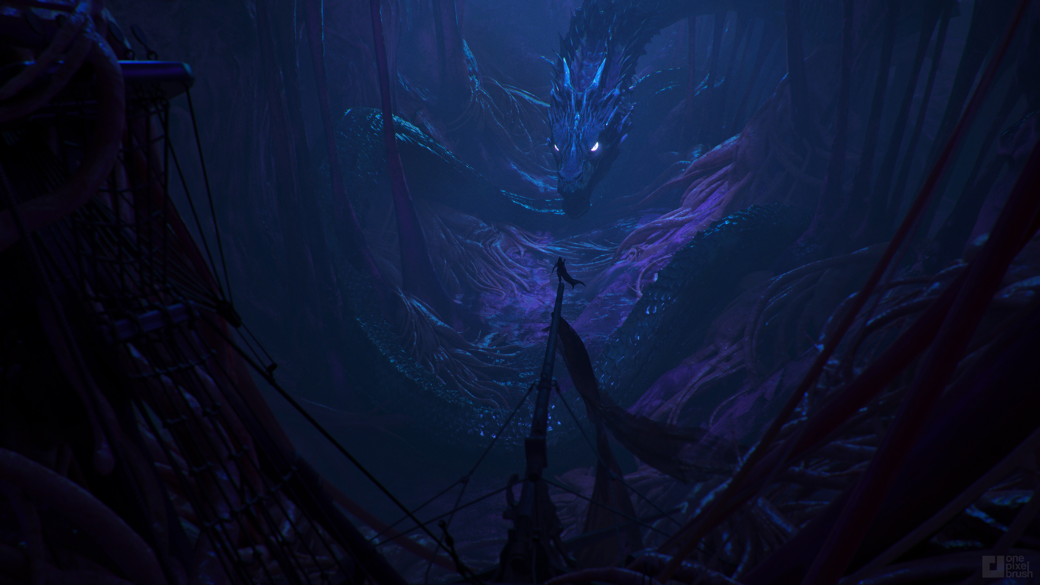 A creature with glowing eyes looms over a figure with a flag HD Wallpaper