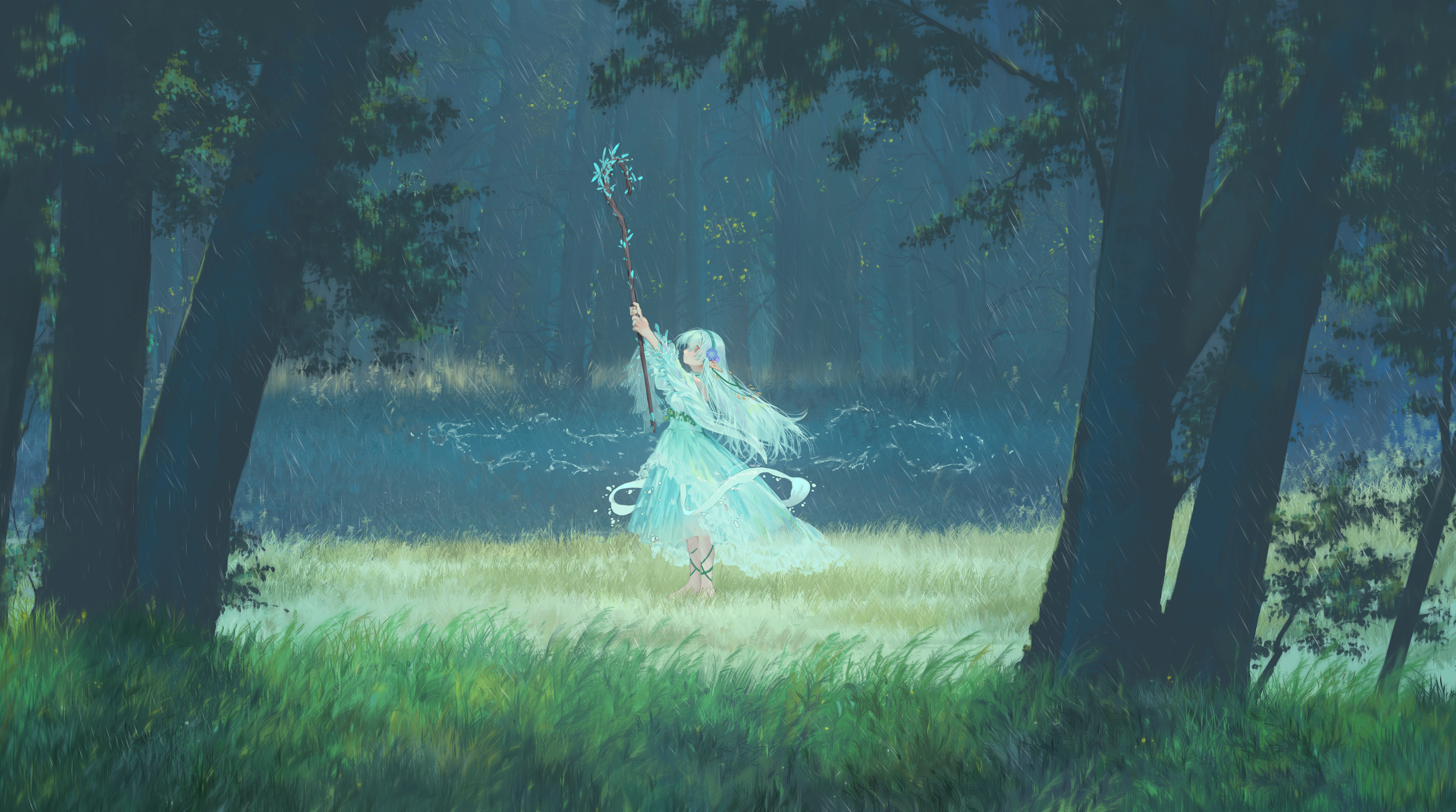Anime girl with long hair holding a staff in a forest HD Wallpaper