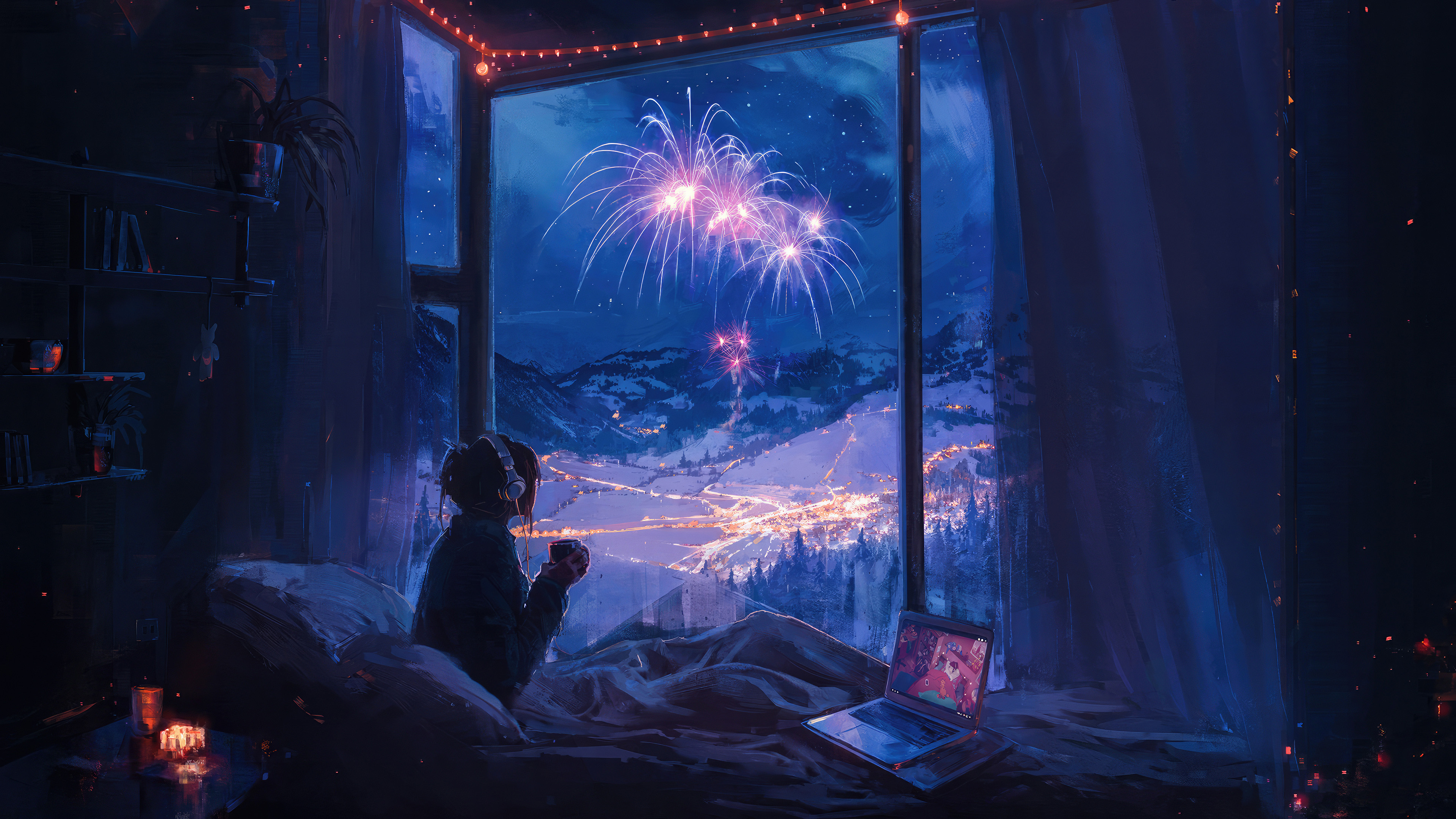 Woman watches fireworks from window with laptop and headphones HD Wallpaper