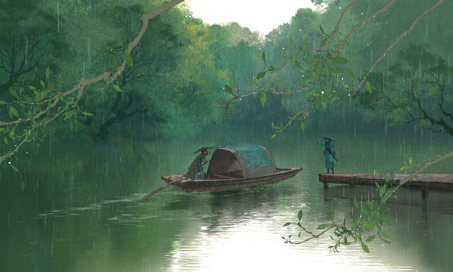 Scenery: Two men in a boat on a rainy river HD Wallpaper