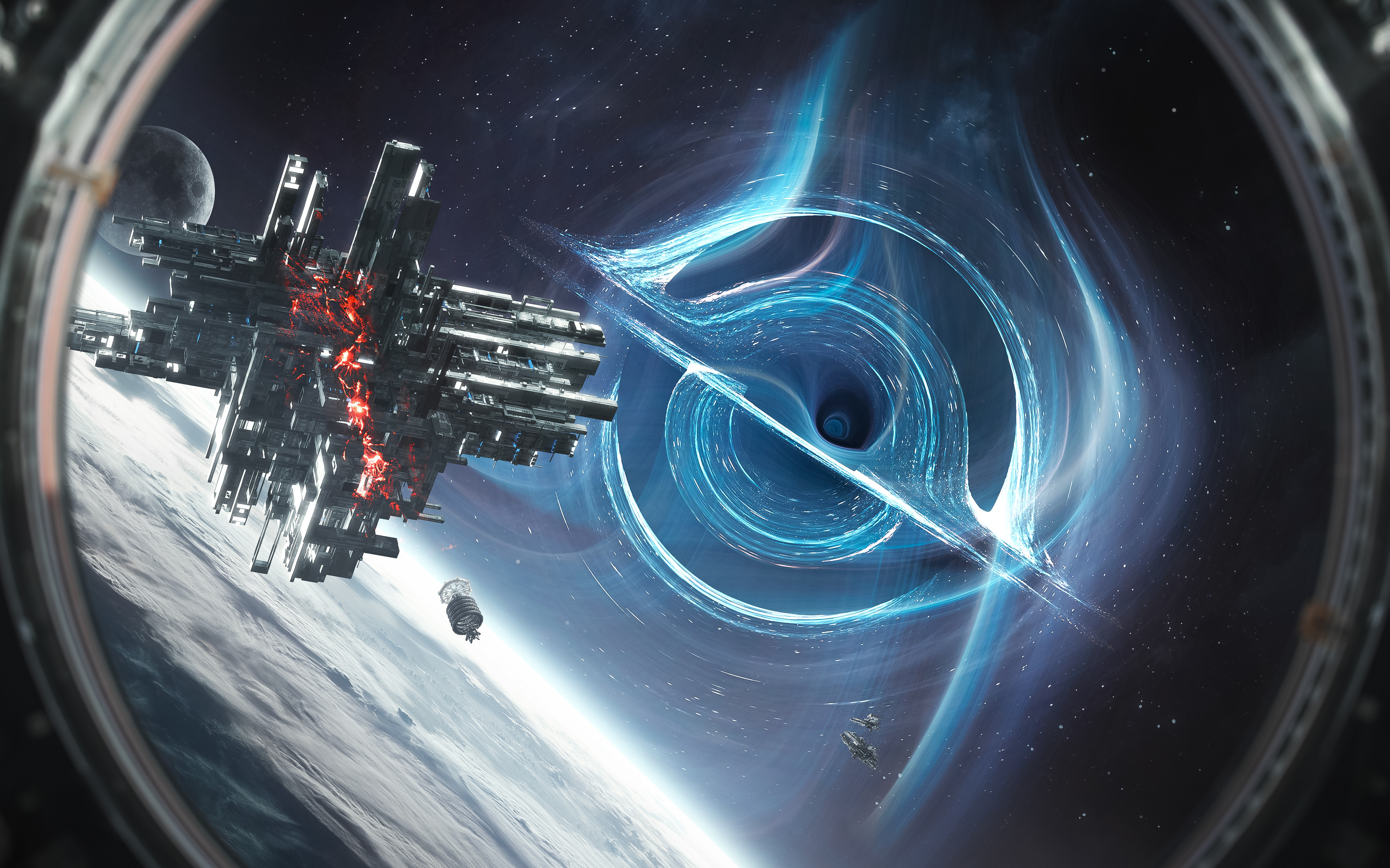 Futuristic spaceship near a black hole and planet HD Wallpaper