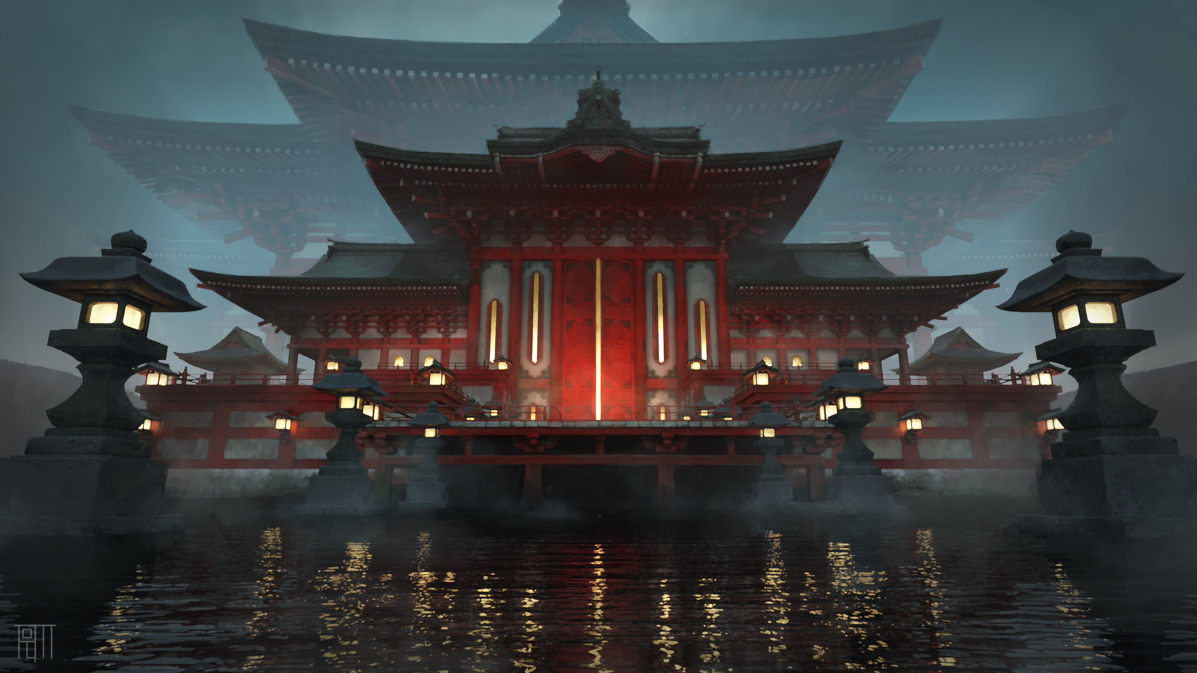 Scenery of a red Japanese temple with water reflections HD Wallpaper