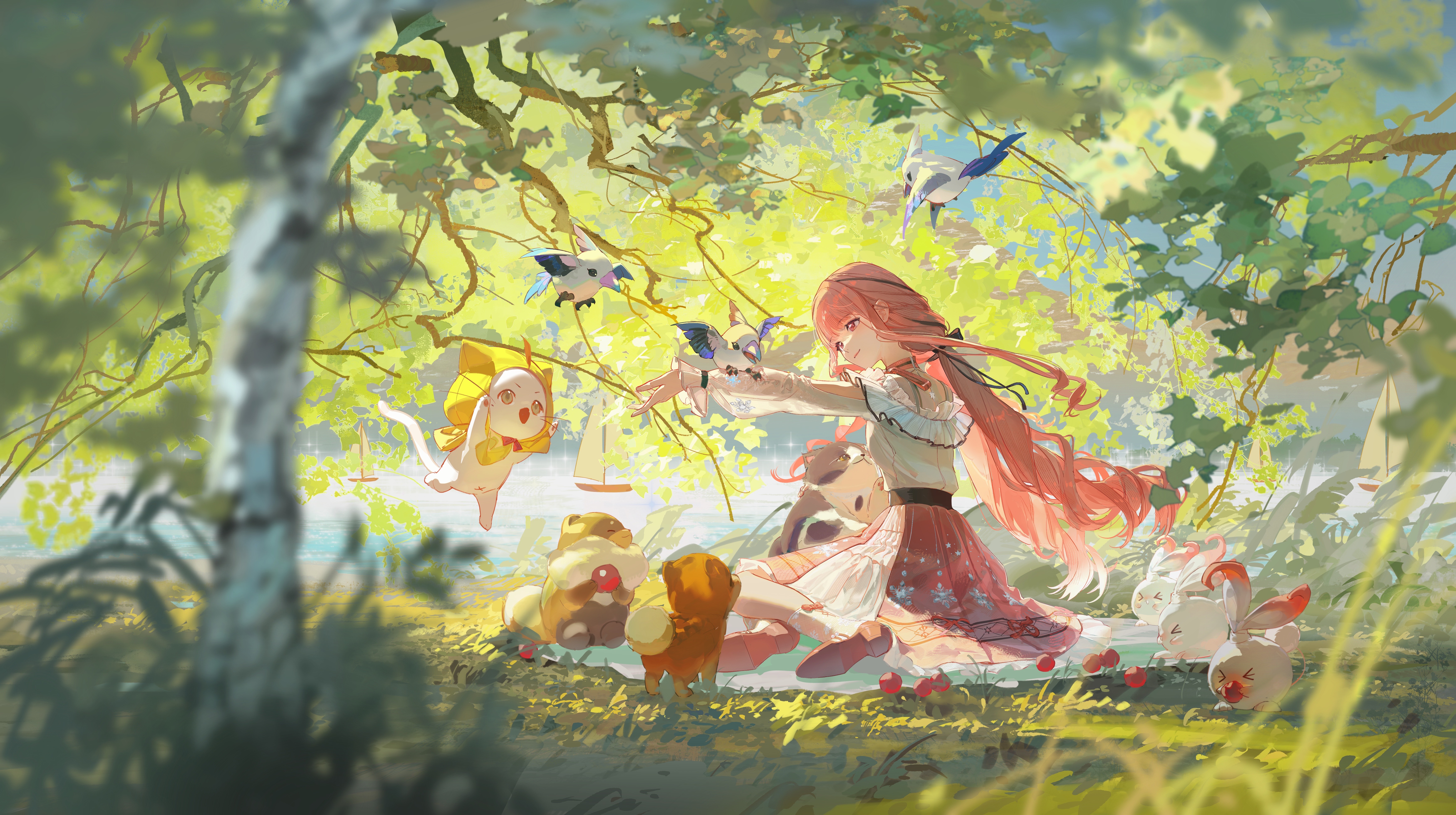Nikki and friends having a picnic with birds HD Wallpaper