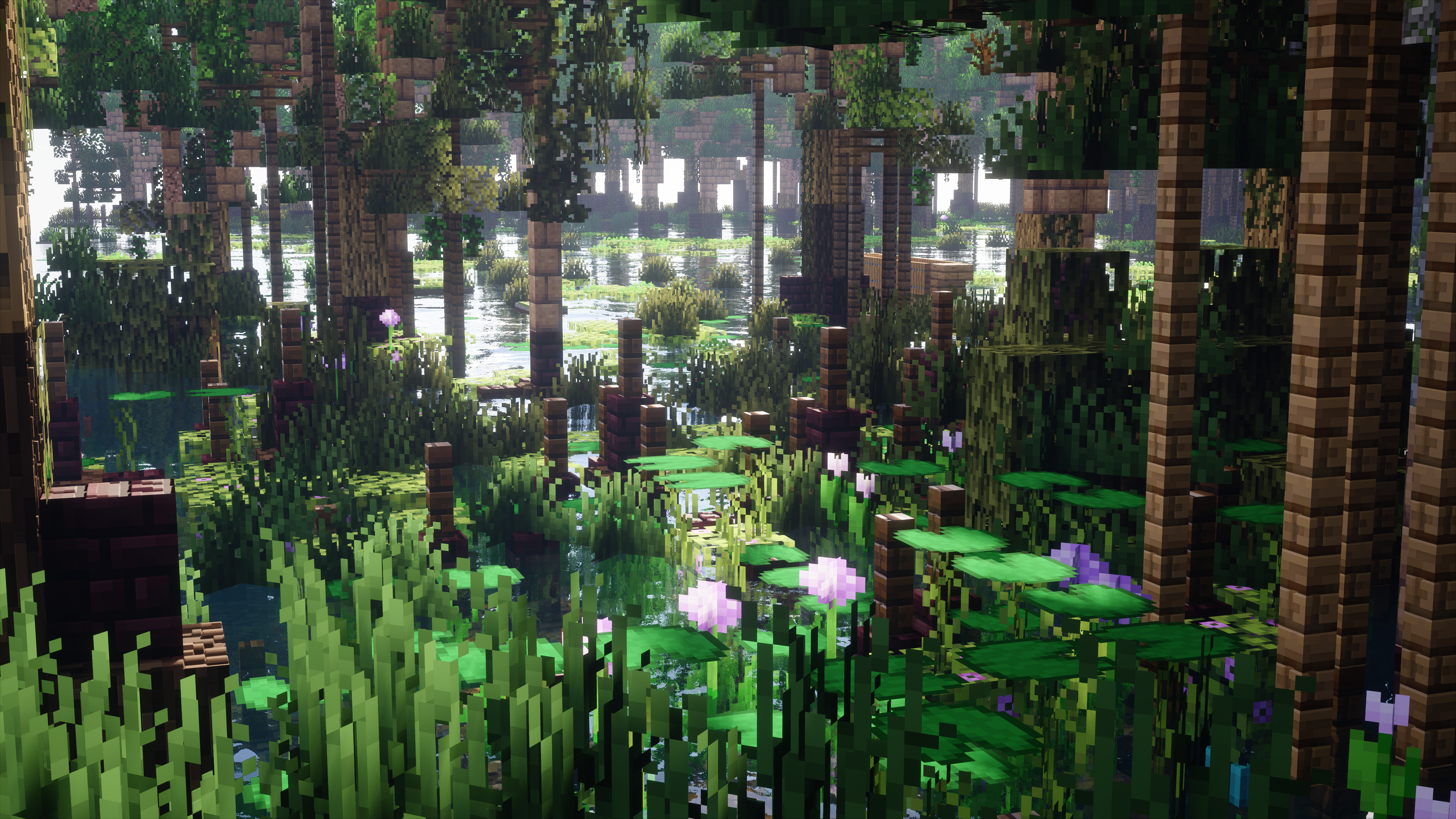 Minecraft swamp with lily pads and trees HD Wallpaper