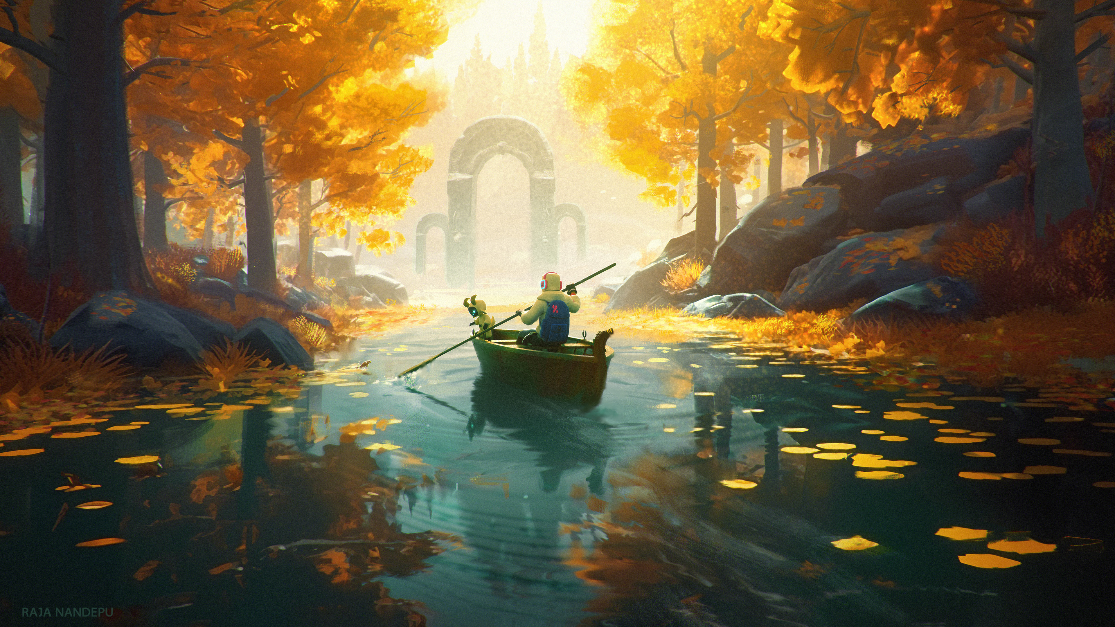 A boat with a creature sails down a river in autumn HD Wallpaper