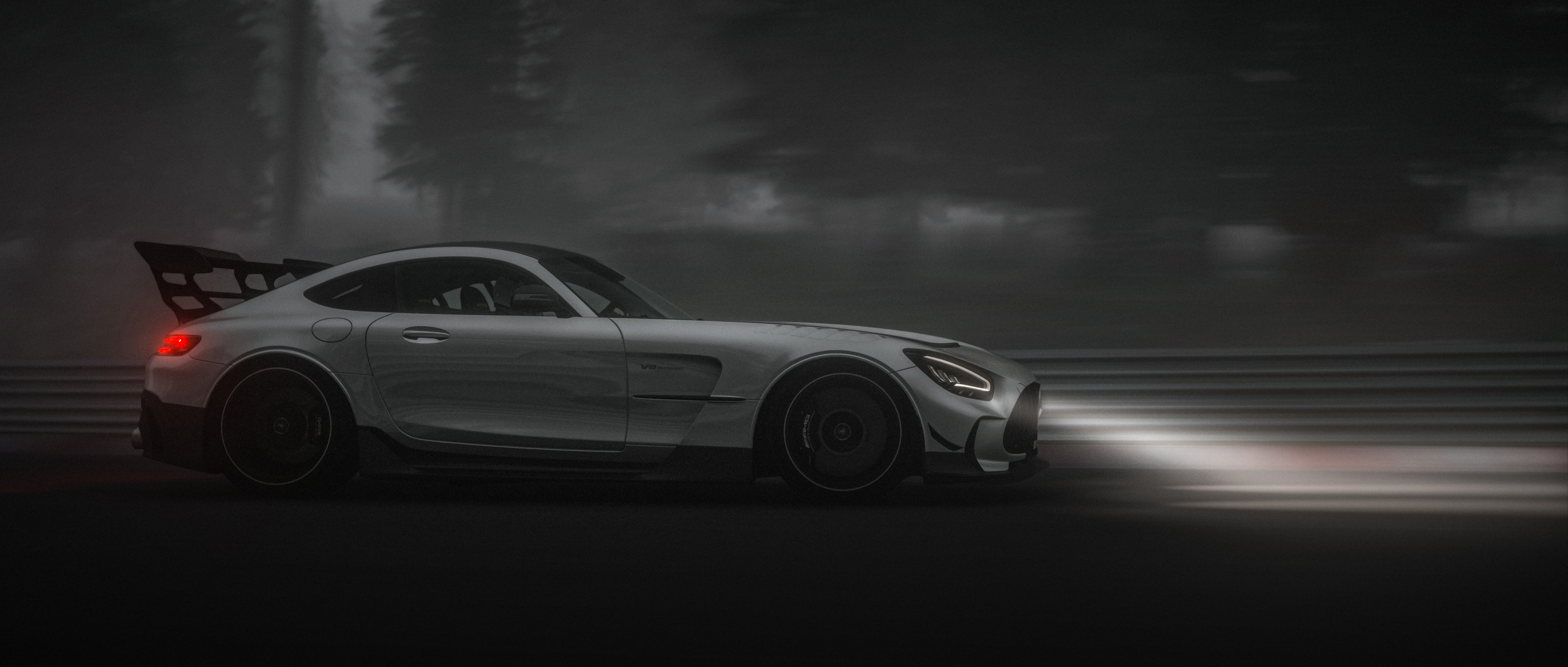 Mercedes-Benz AMG GT-R Black Series driving in fog HD Wallpaper